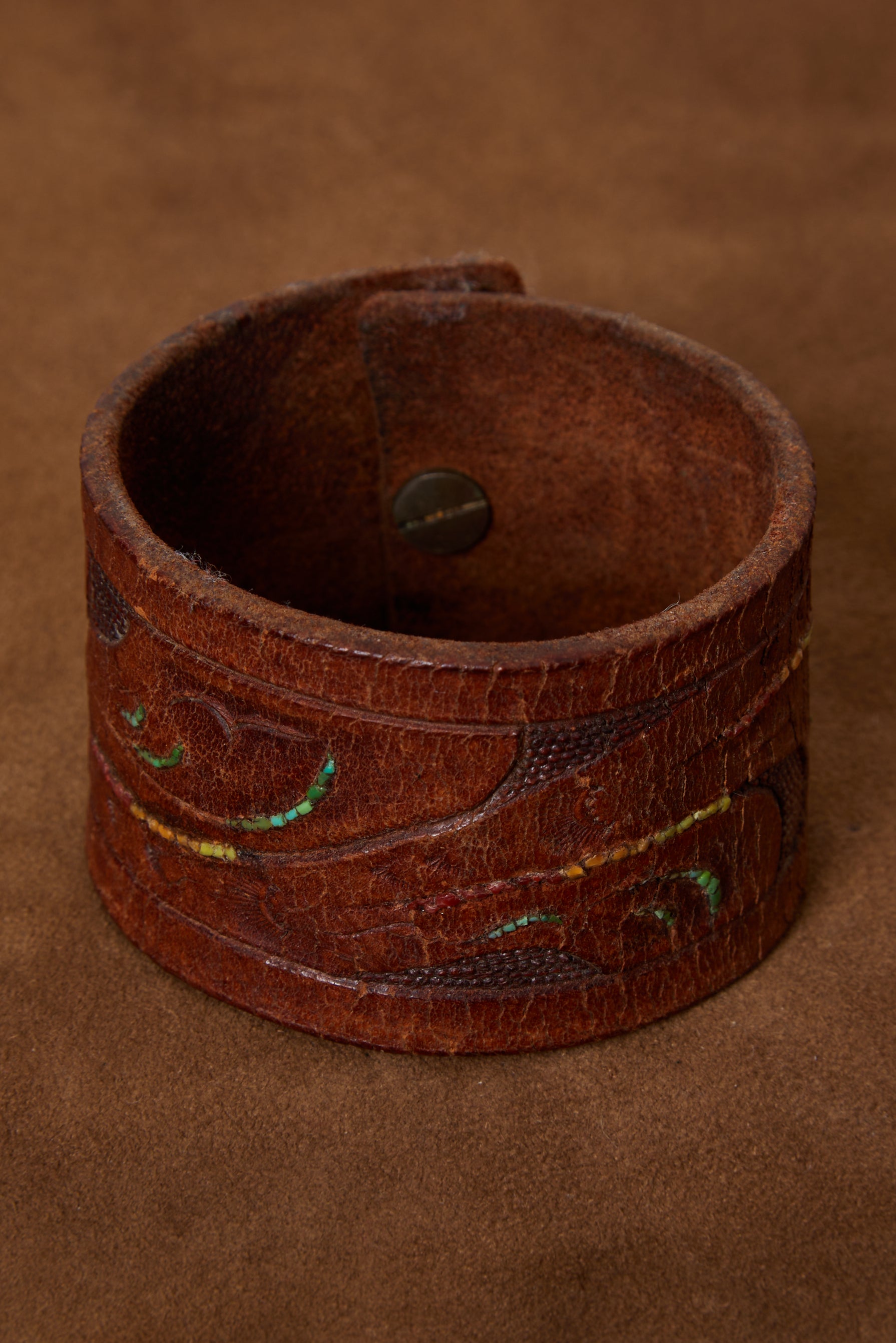 VINTAGE WIDE LEATHER EMBROIDERED BRACELET CUFF