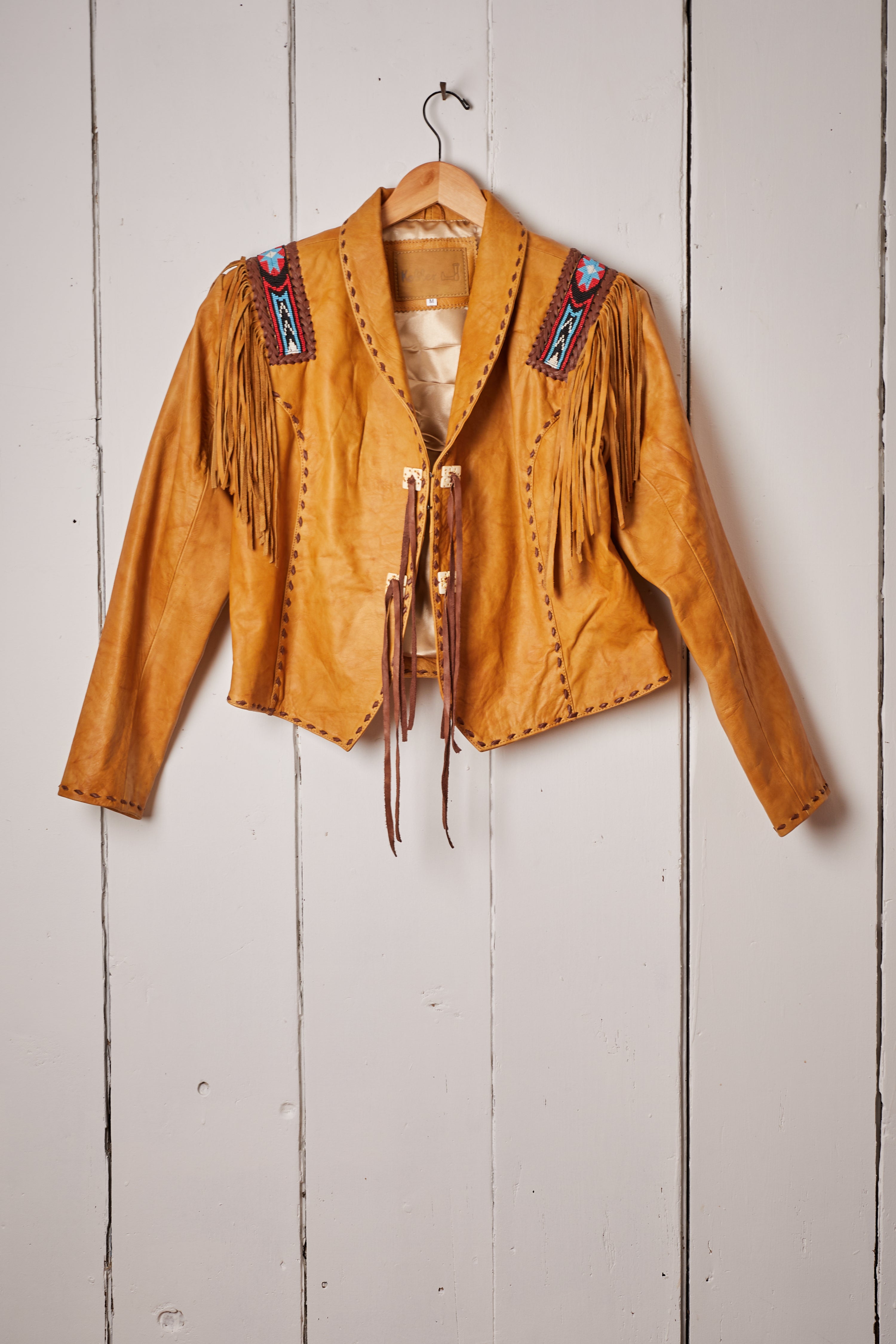 TAN LEATHER BEADED FRINGE JACKET