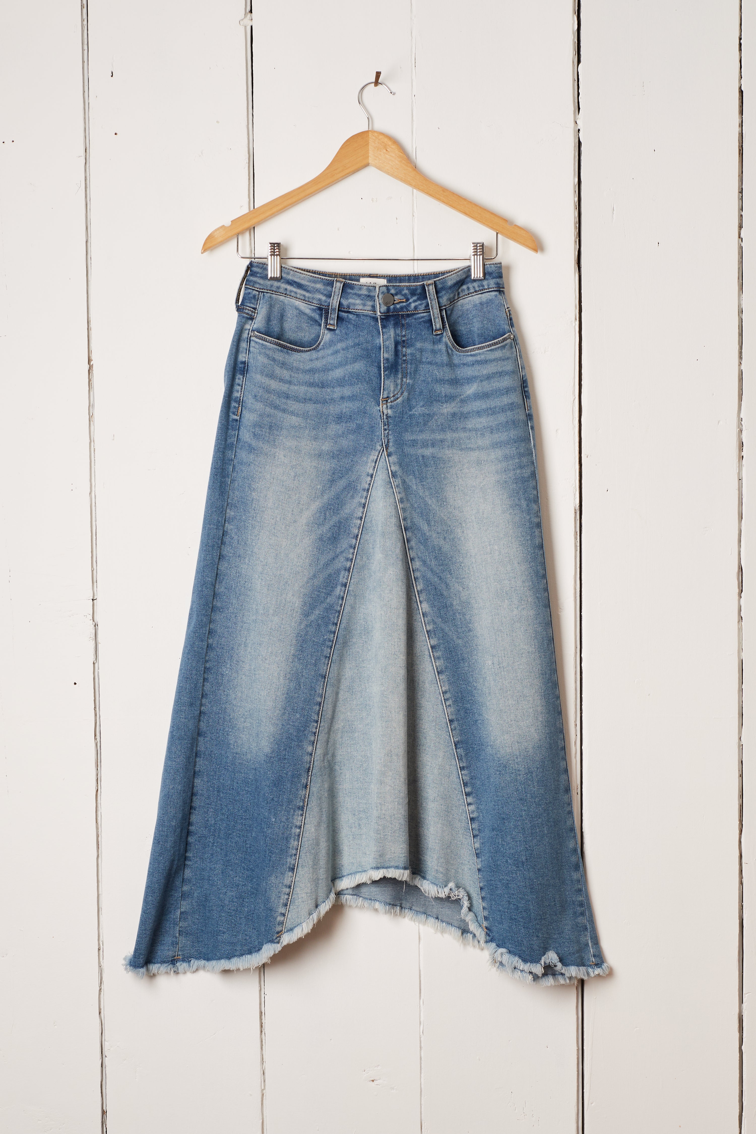 LONG BLUE DENIM SWIRL SKIRT