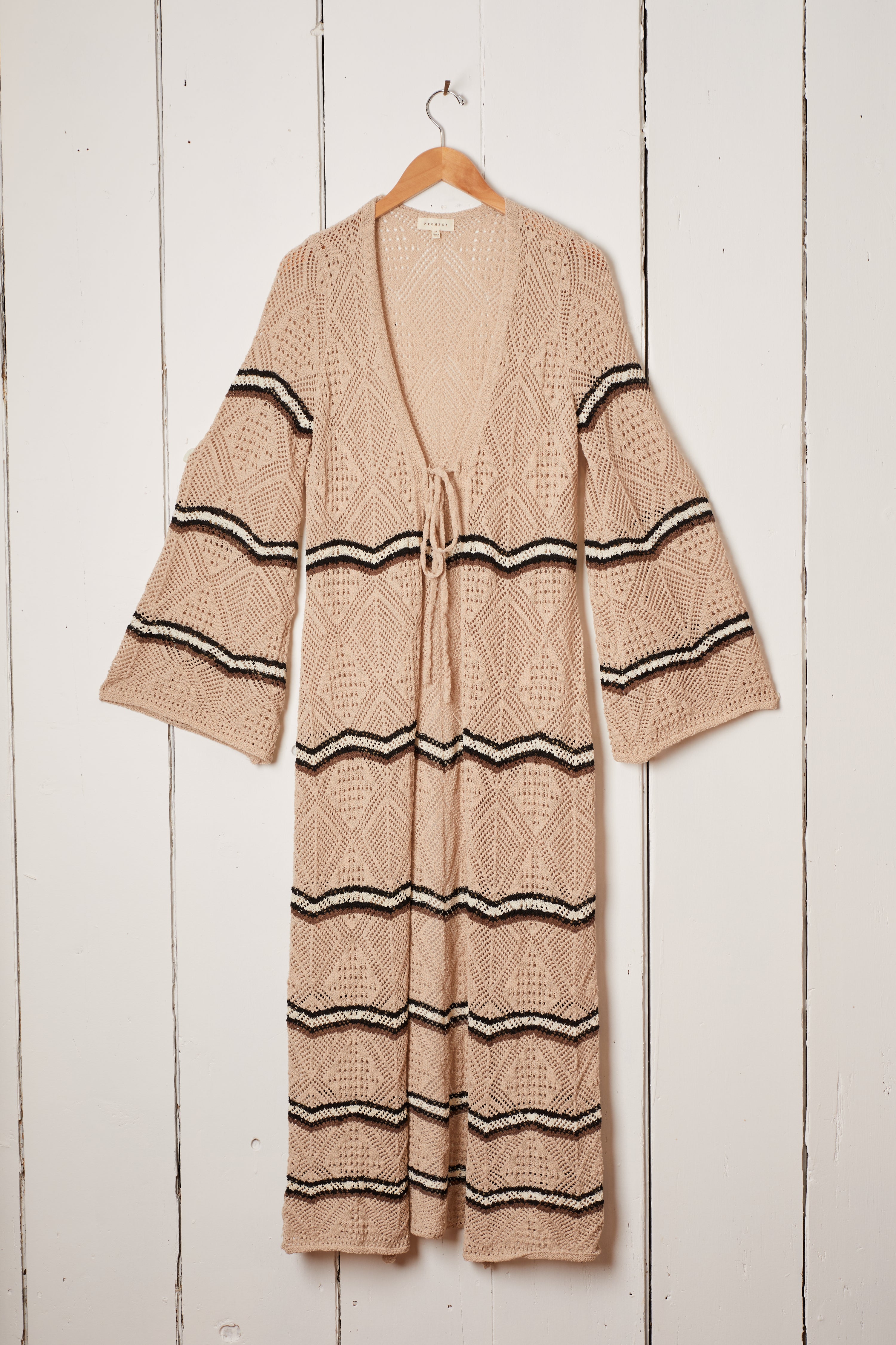 STRIPED CROCHET KNIT DUSTER - OATMEAL