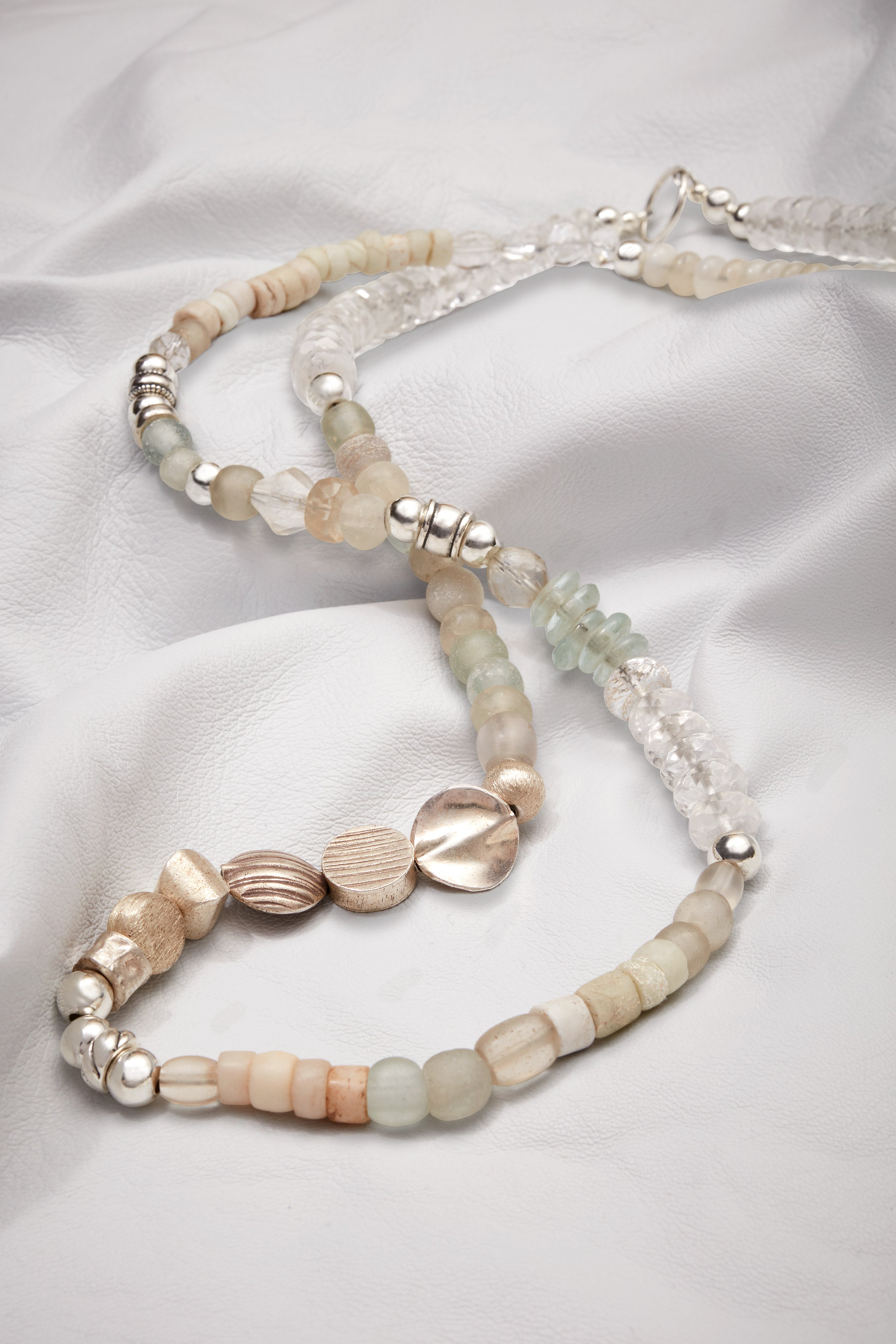 LONG CRYSTAL QUARTZ AND MOONSTONE GEOMETRIC NECKLACE