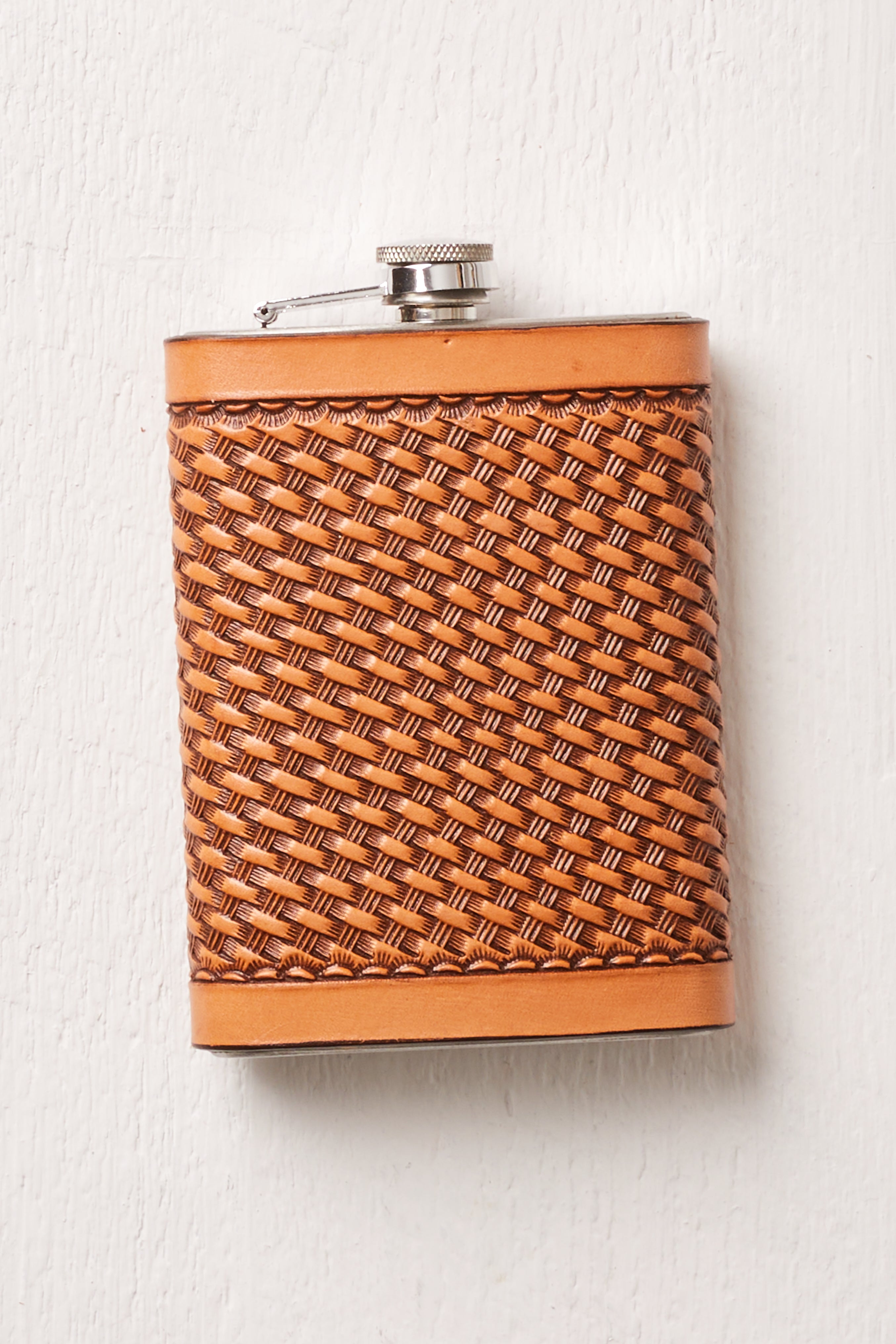 TAN LEATHER BASKET WEAVE FLASK