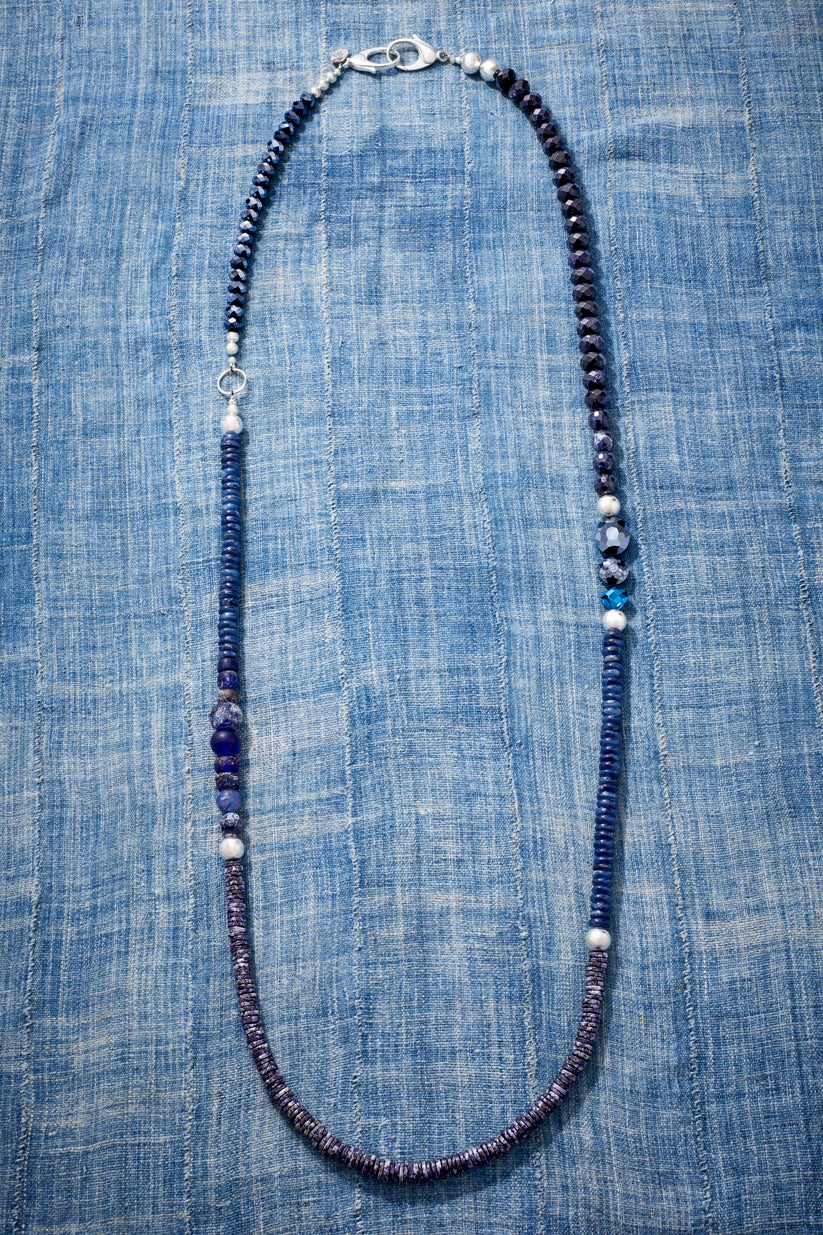 Long Sparkling Blue Denim and Gemstones necklace
