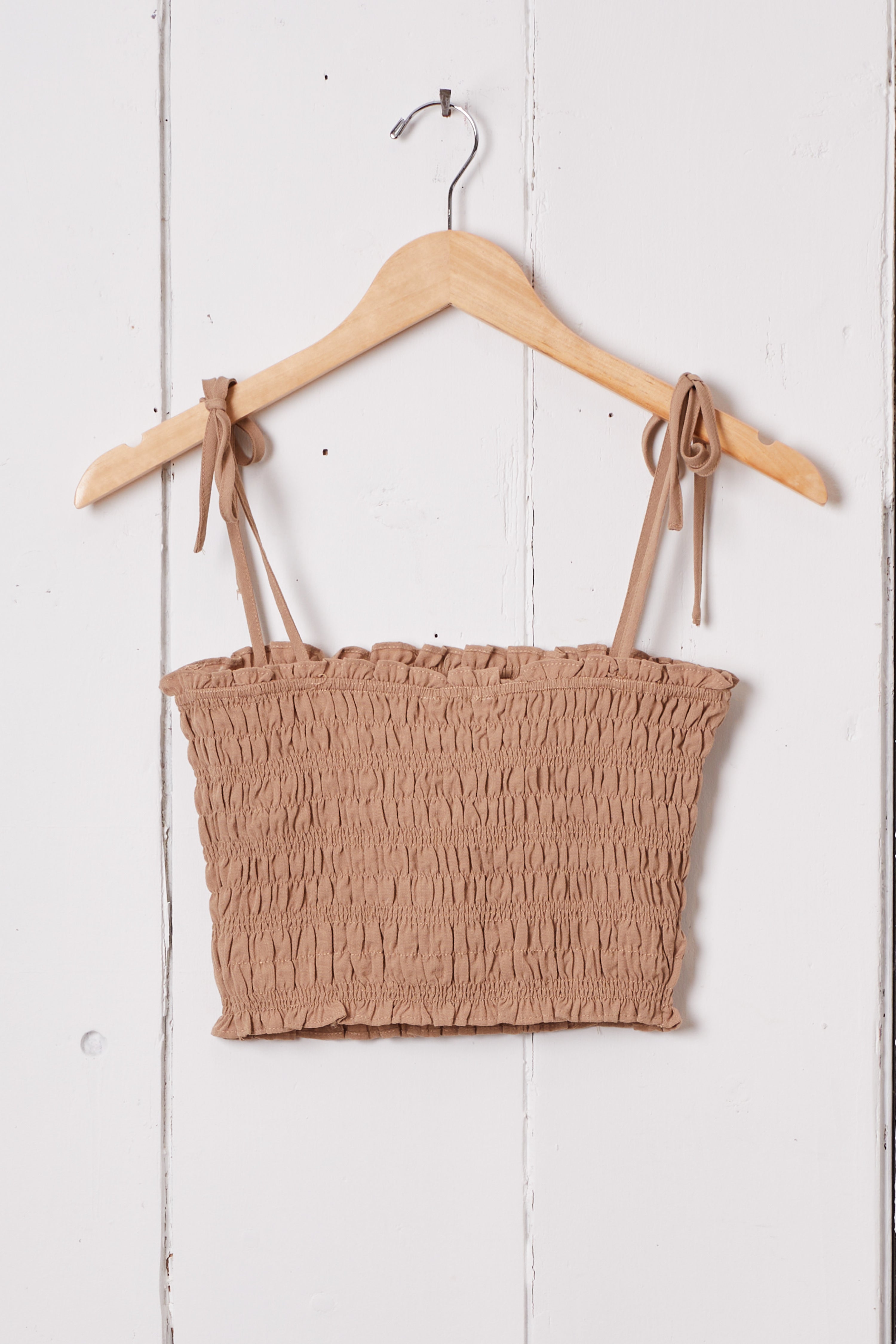 TAN SMOCKED CROP TOP