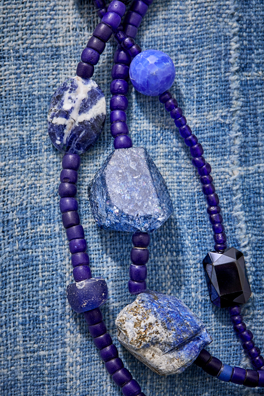 Blue Denim And Gemstones Multi-Strand Necklace