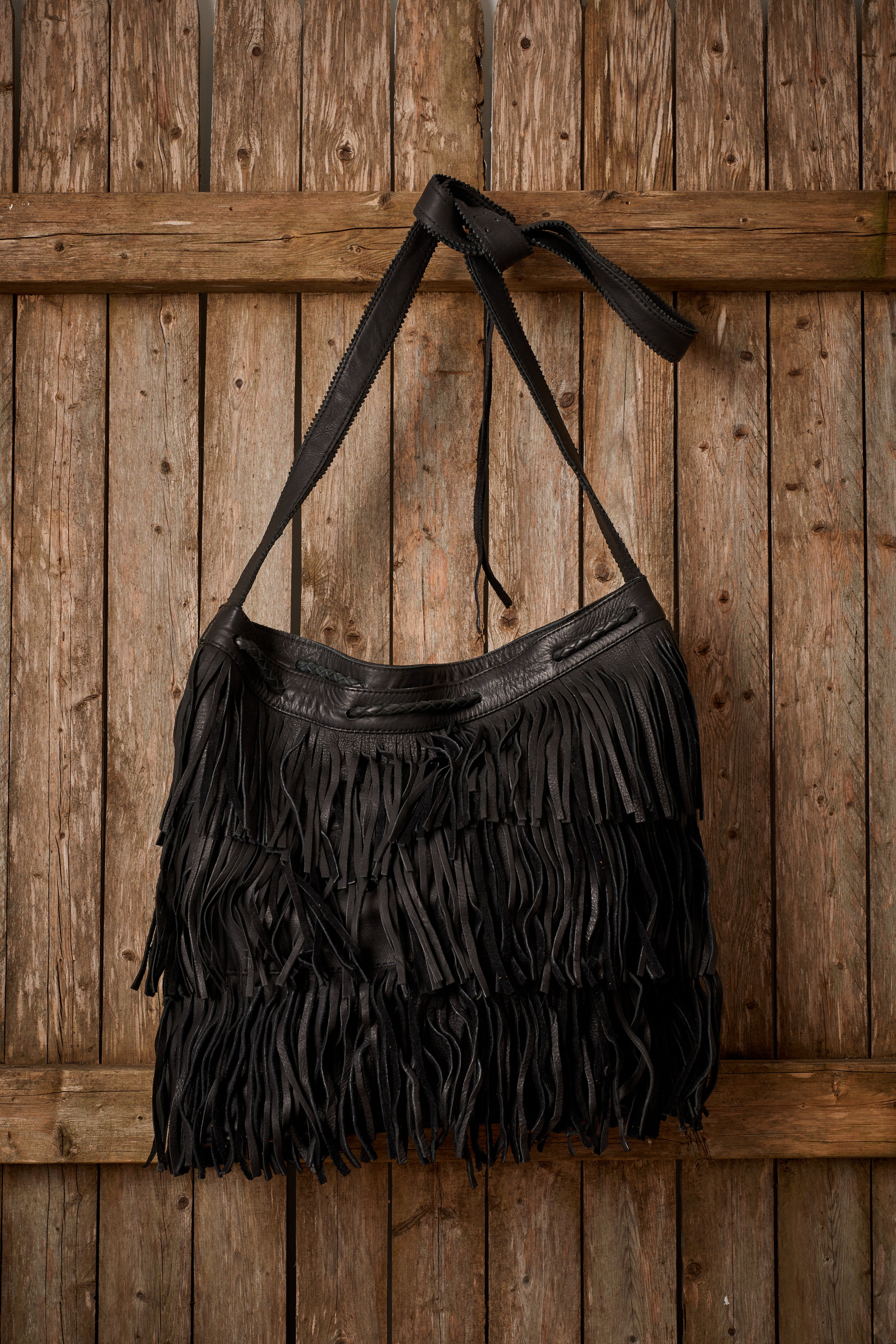 WESTERN BLACK LEATHER DOUBLE FRINGE BAG