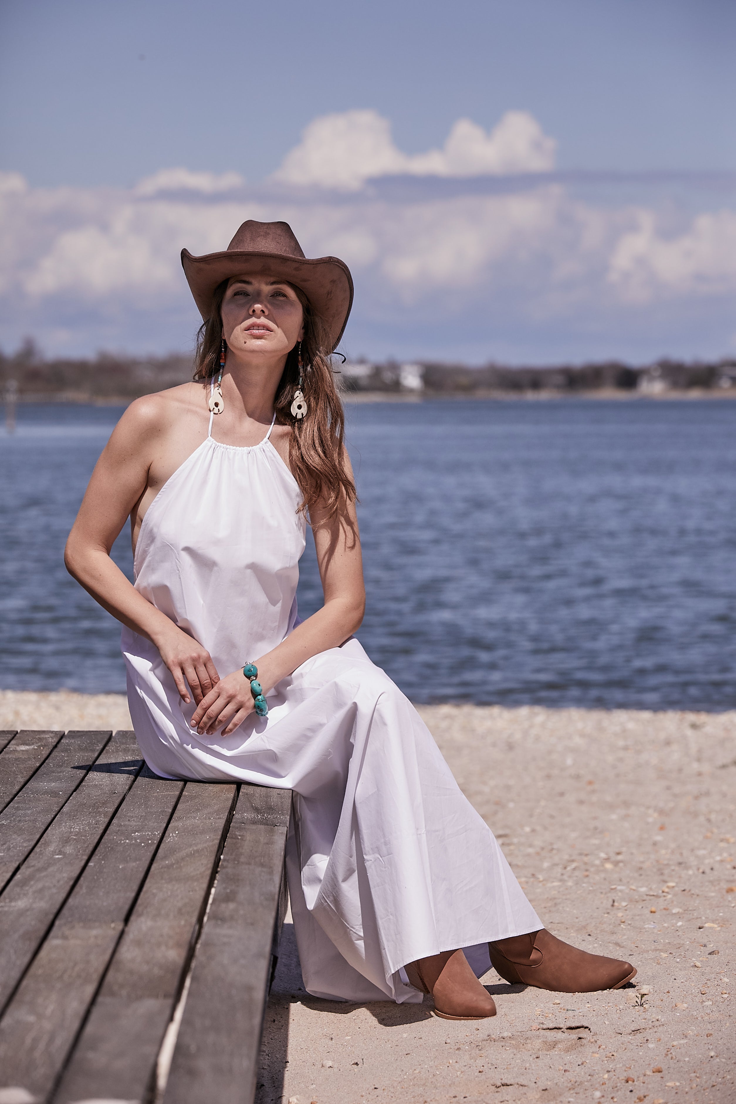 WHITE LONG HALTER DRESS