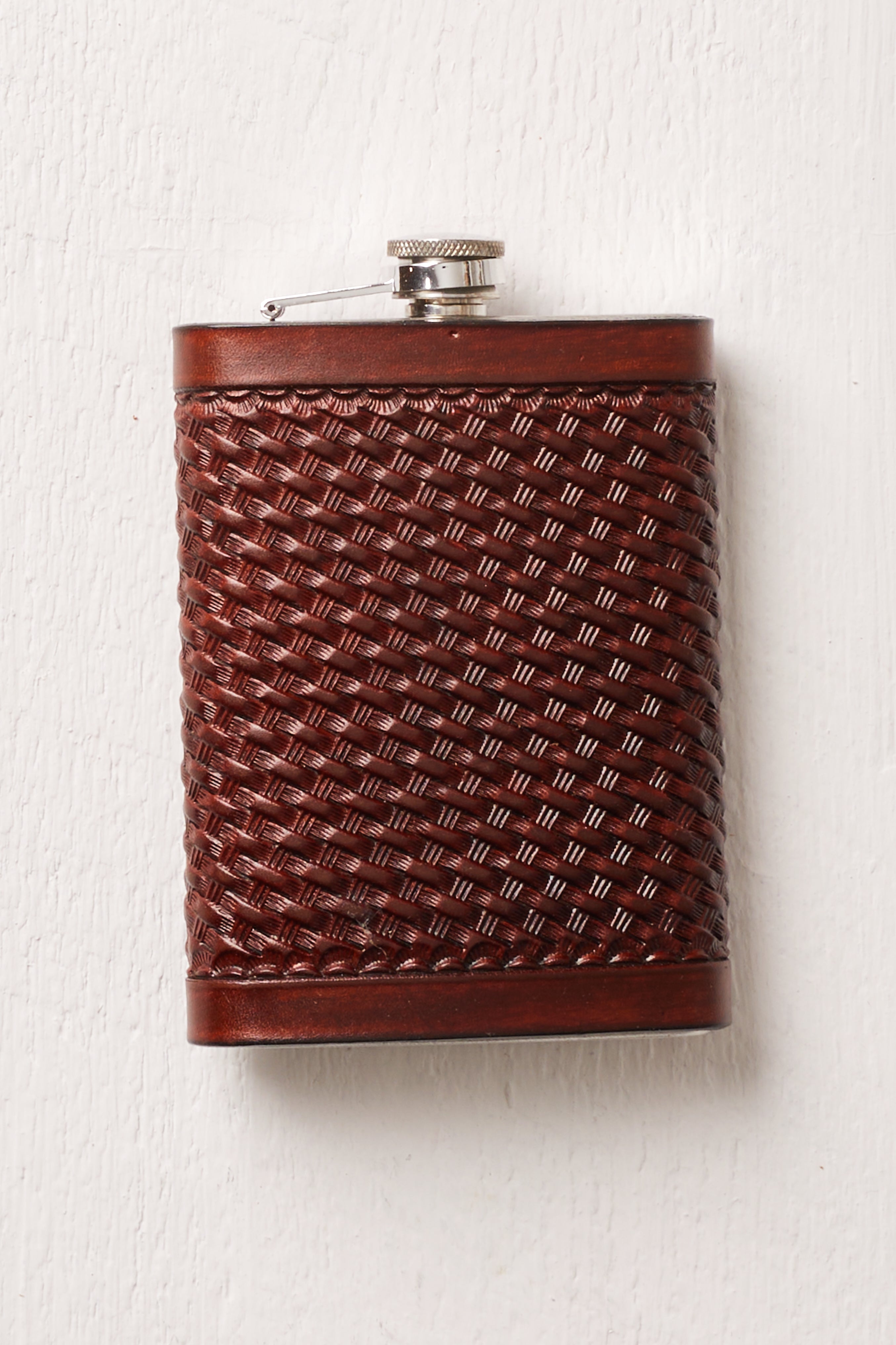 BROWN LEATHER BASKET WEAVE FLASK