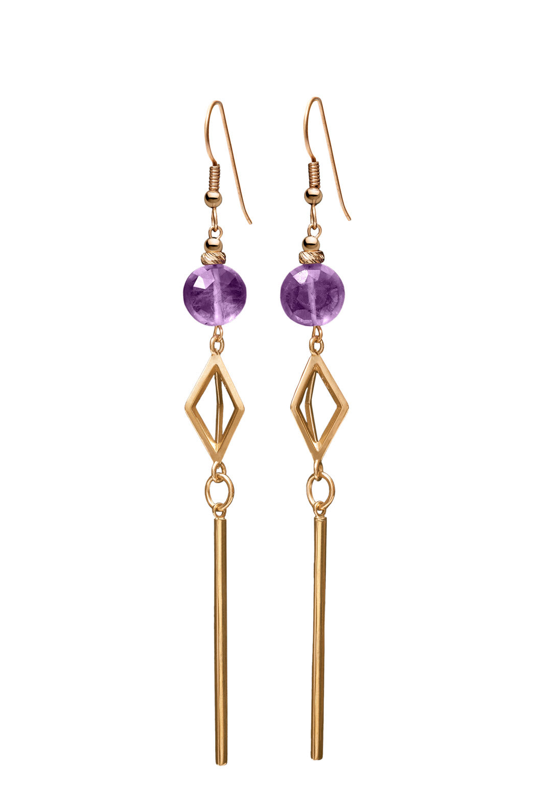 PURPLE AMETHYST 14K GOLD DIAGONAL BAR EARRINGS