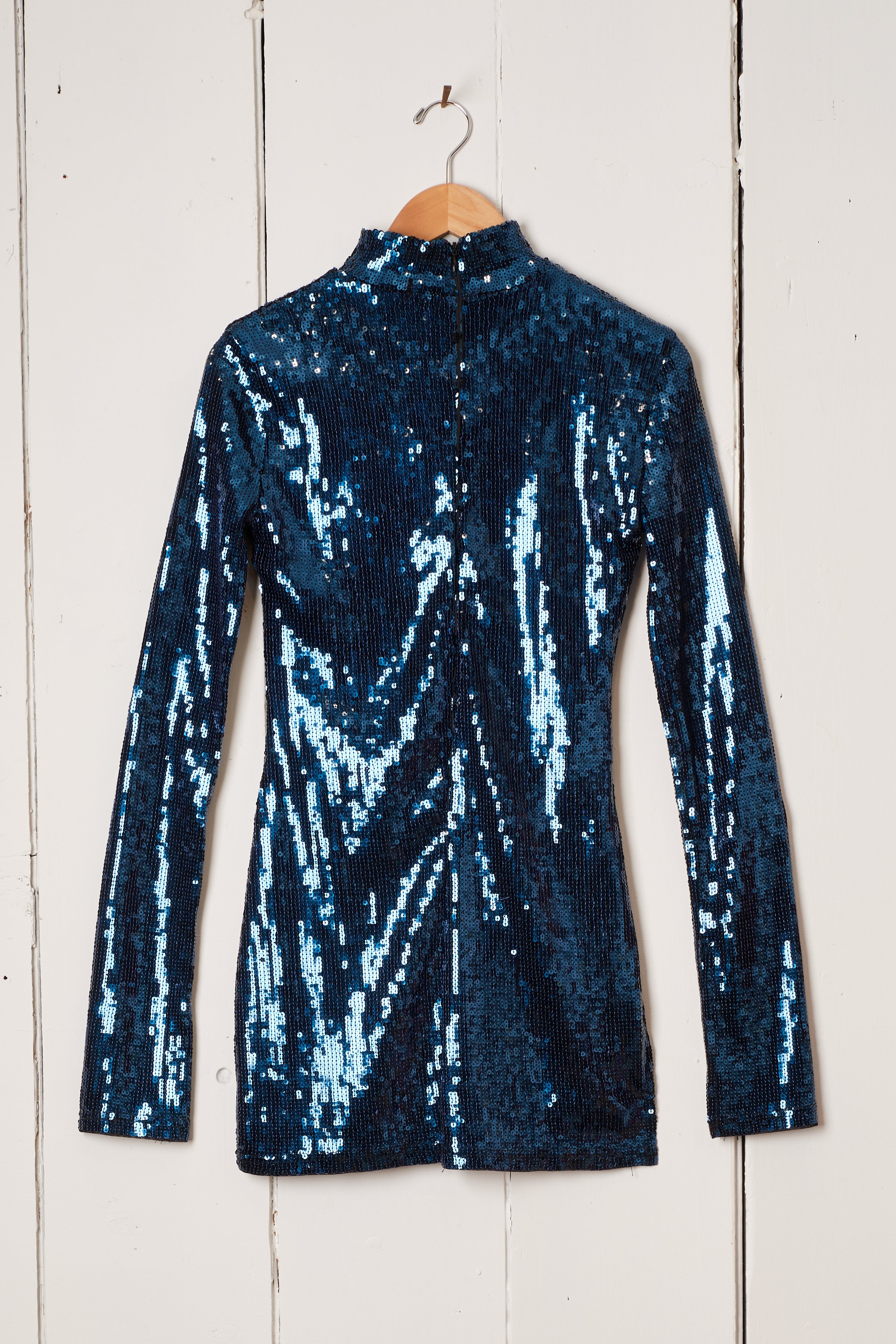 BLUE SEQUIN TURTLE NECK MINI DRESS