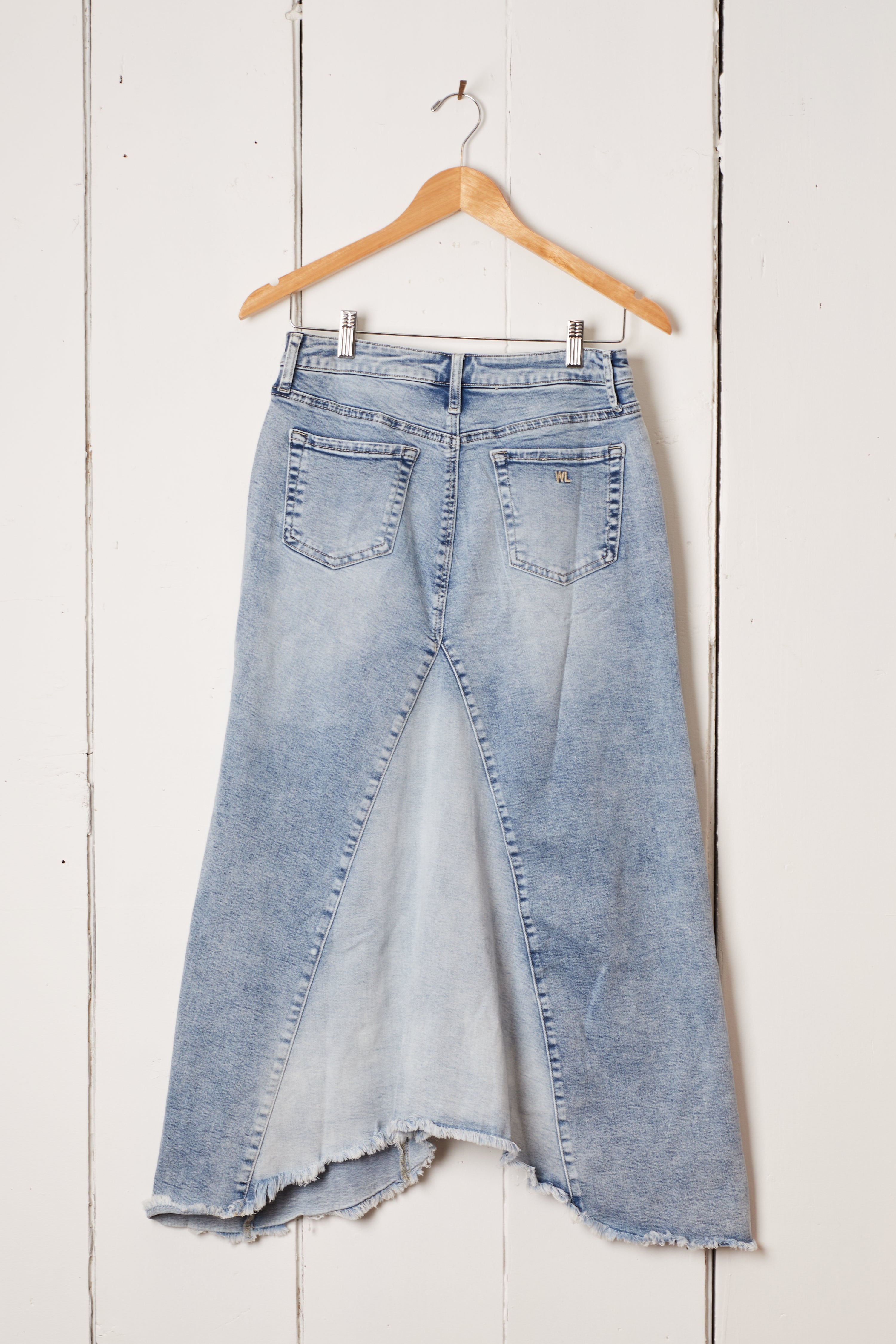 LONG LIGHT BLUE DENIM SWIRL SKIRT