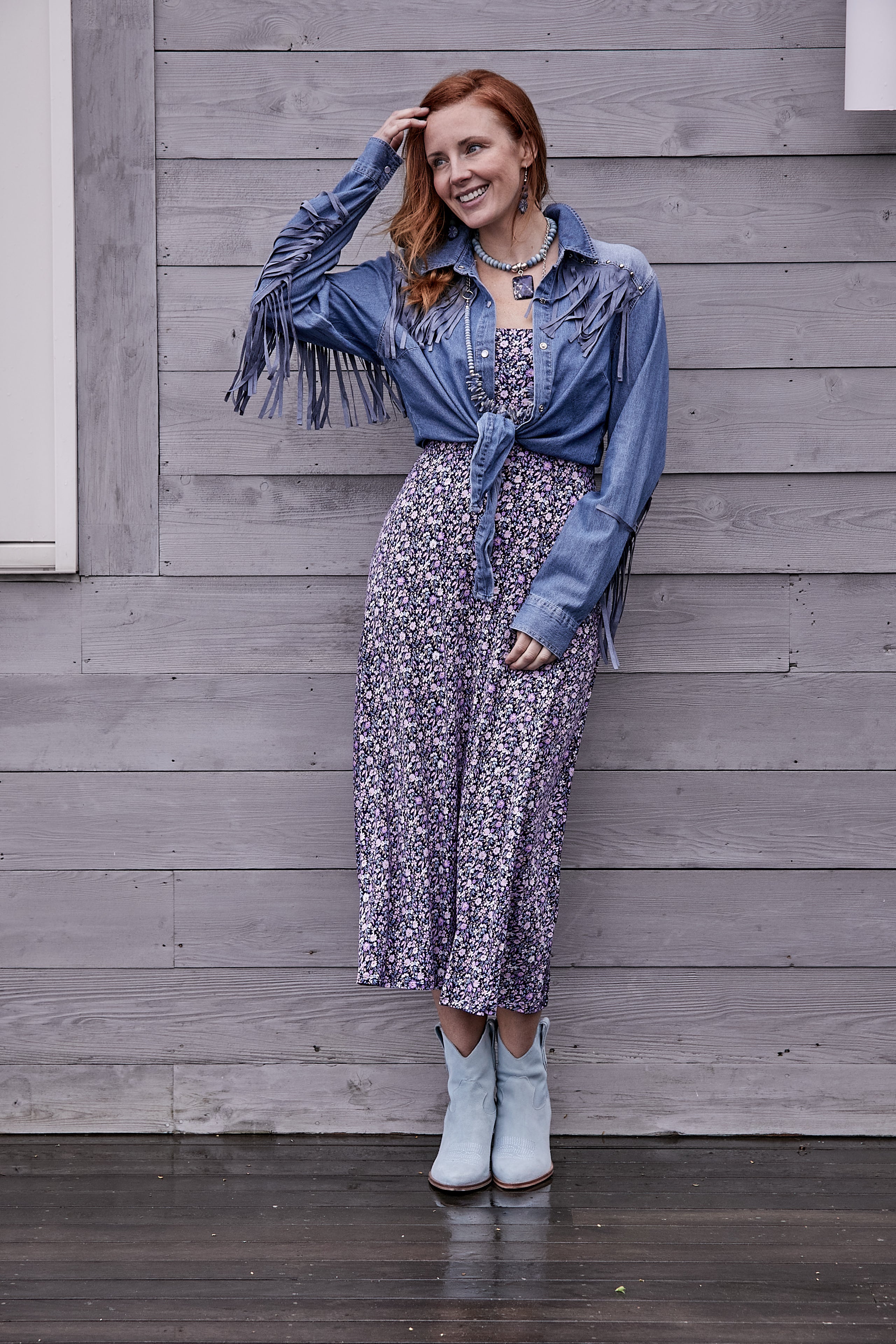 DENIM STUDDED FRINGE WESTERN SHIRT