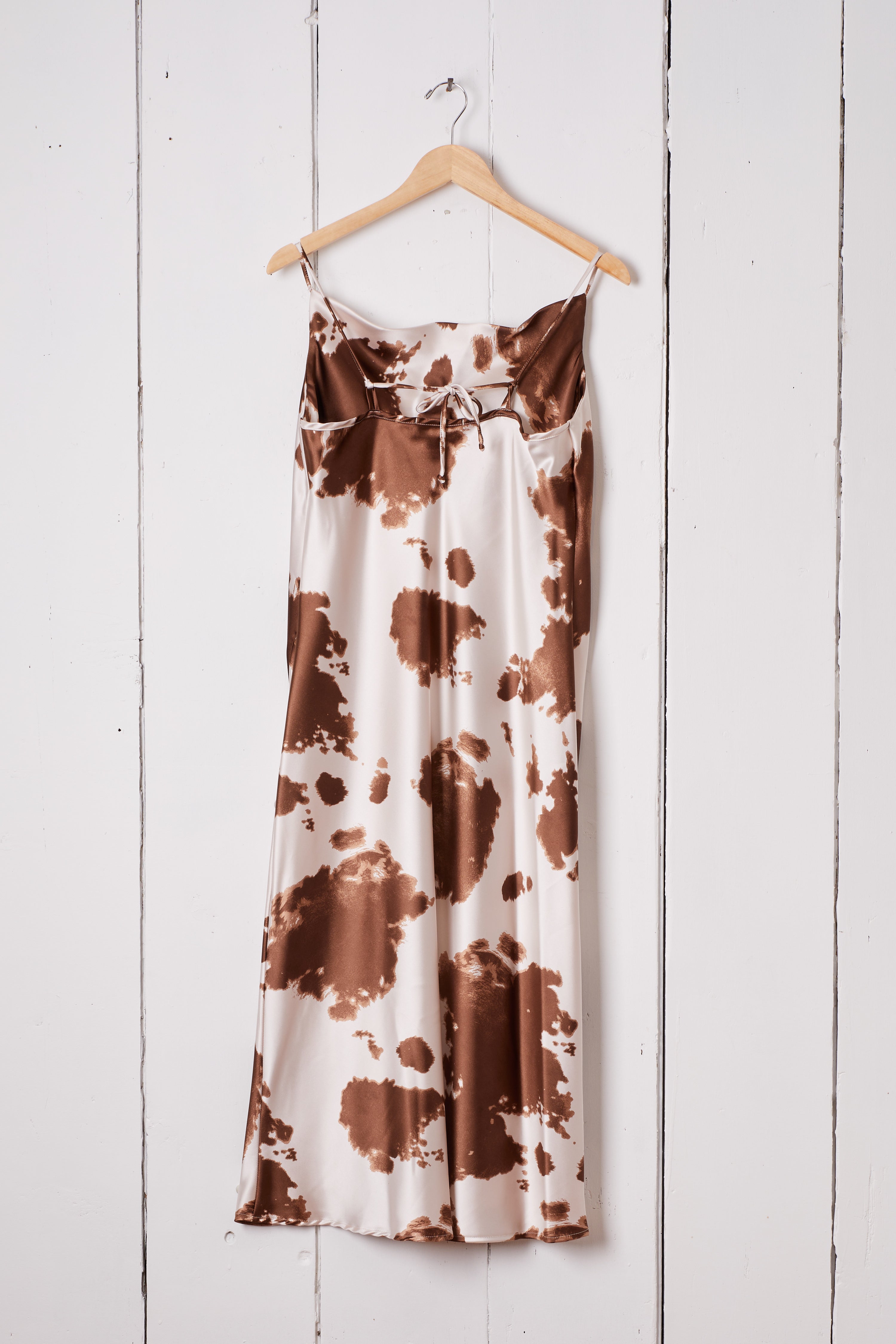 BROWN AND WHITE WESTERN COWHIDE PRINT SLIP DRESS