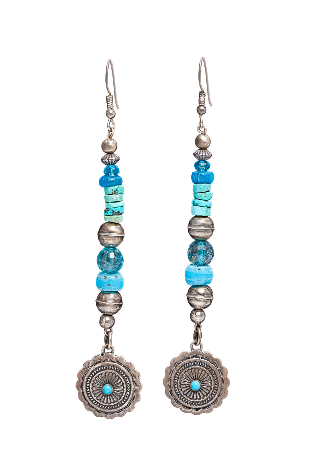 LAYERED TURQUOISE AND OXIDIZED STERLING SILVER CONCHO EARRINGS