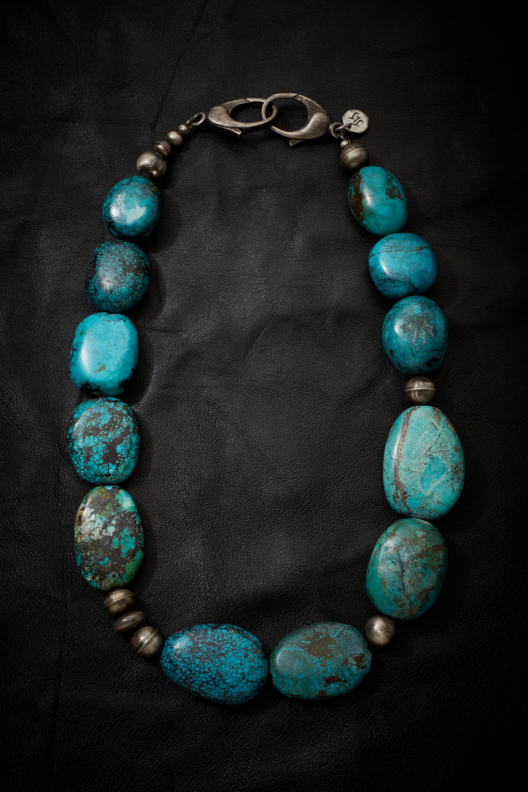 JUMBO TURQUOISE AND OXIDIZED STERLING SILVER NECKLACE