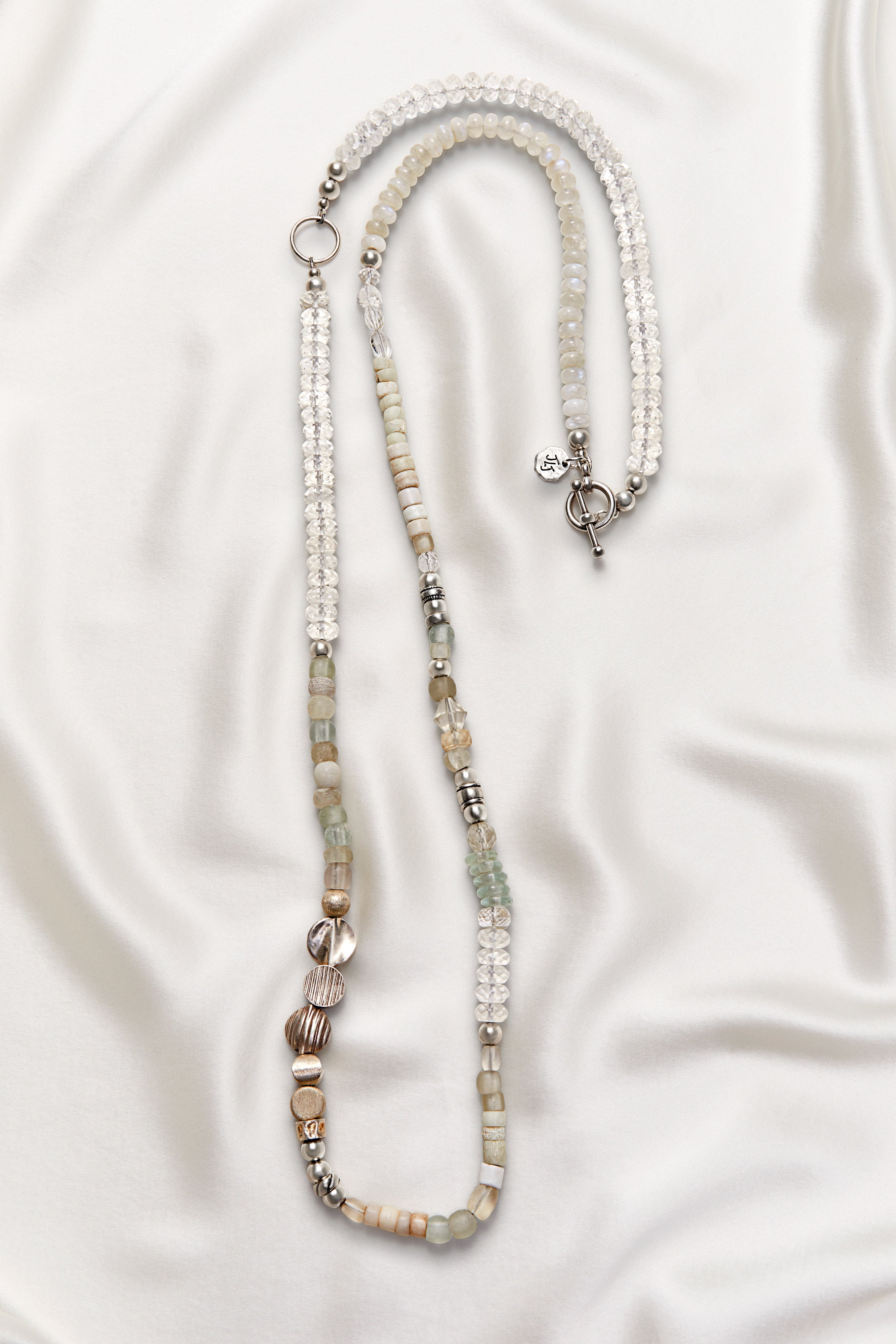 LONG CRYSTAL QUARTZ AND MOONSTONE GEOMETRIC NECKLACE