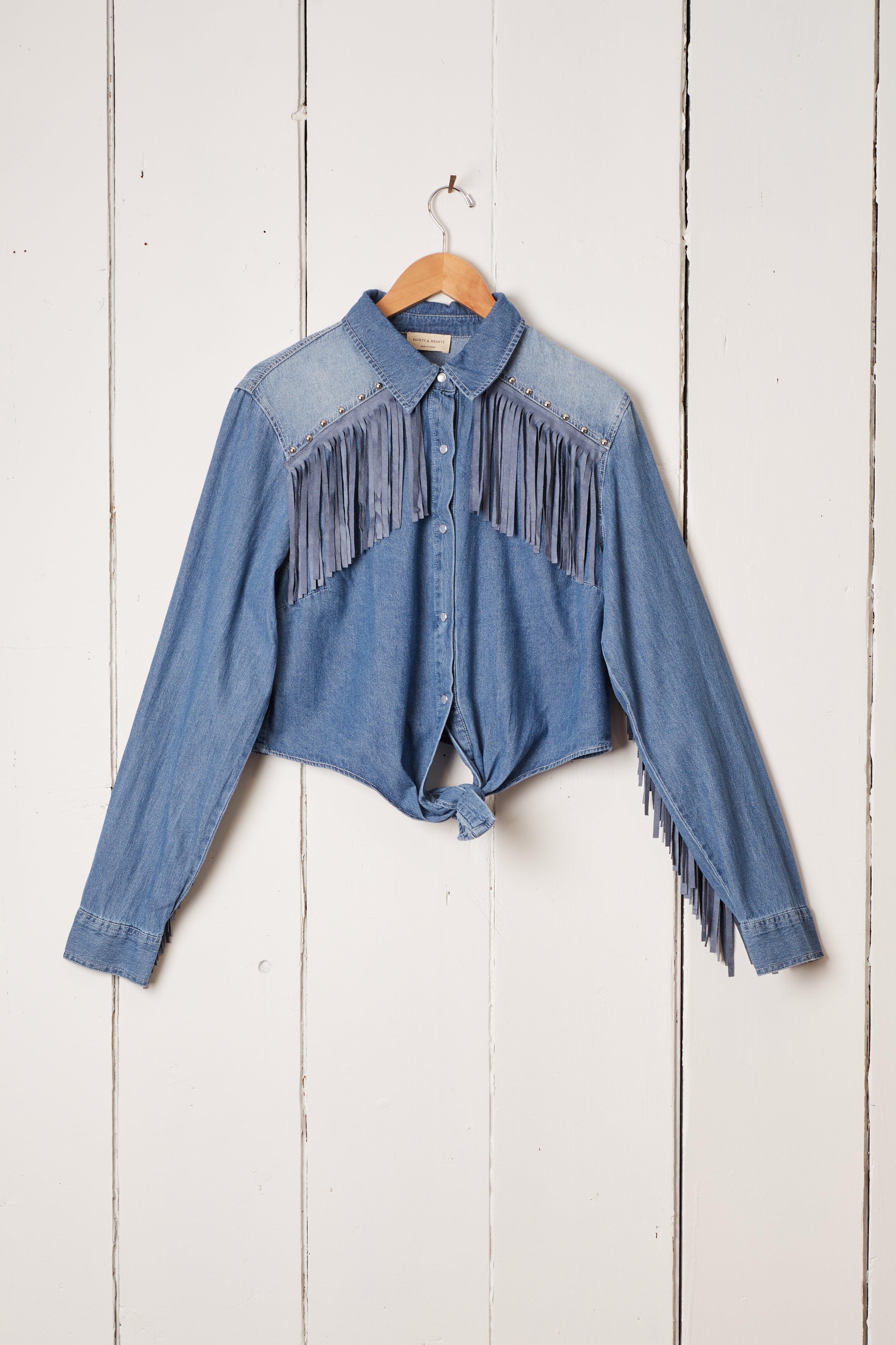 DENIM STUDDED FRINGE WESTERN SHIRT