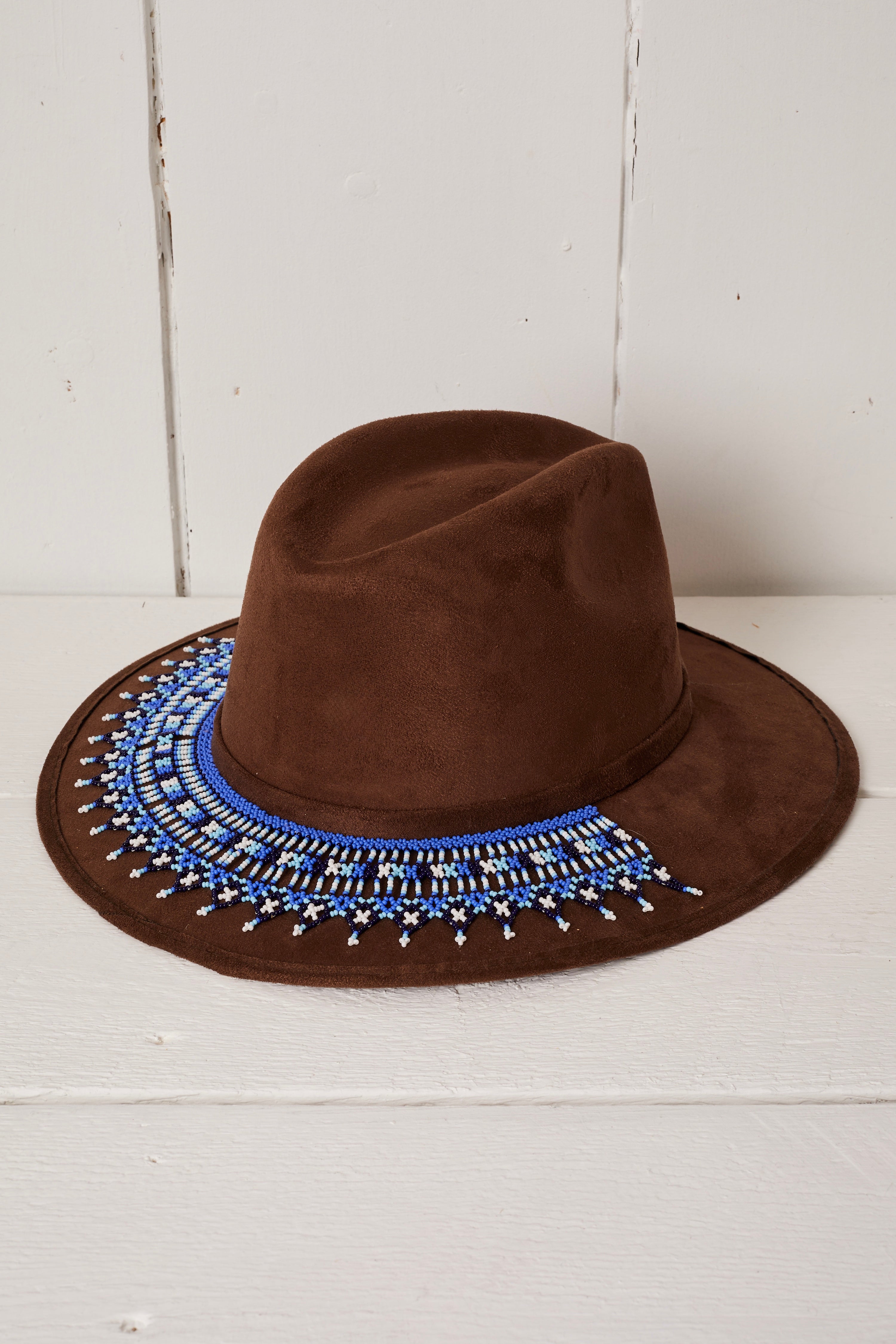 BROWN FELT BLUE HALF CIRCLE BEADED COWBOY HAT
