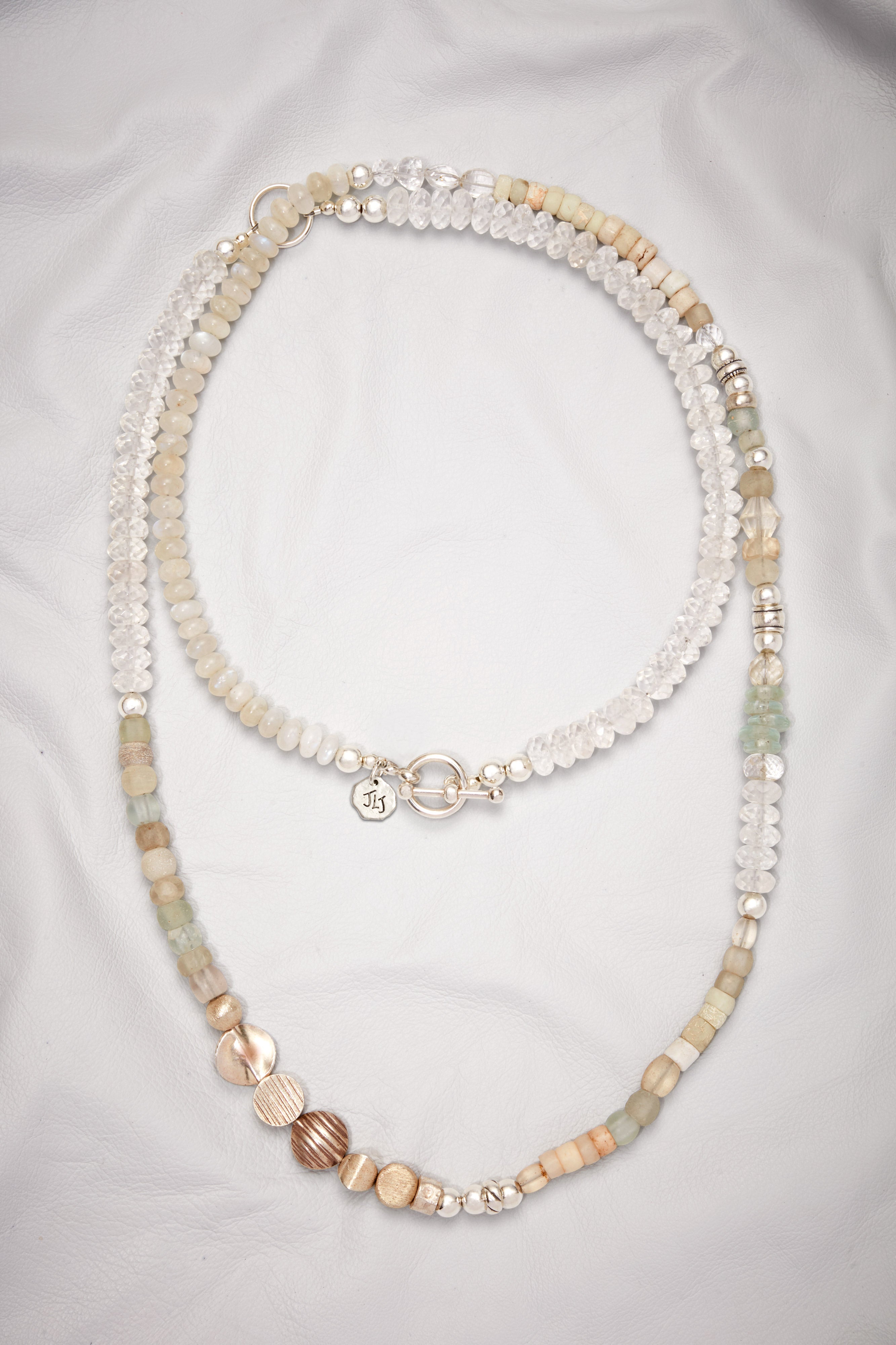LONG CRYSTAL QUARTZ AND MOONSTONE GEOMETRIC NECKLACE
