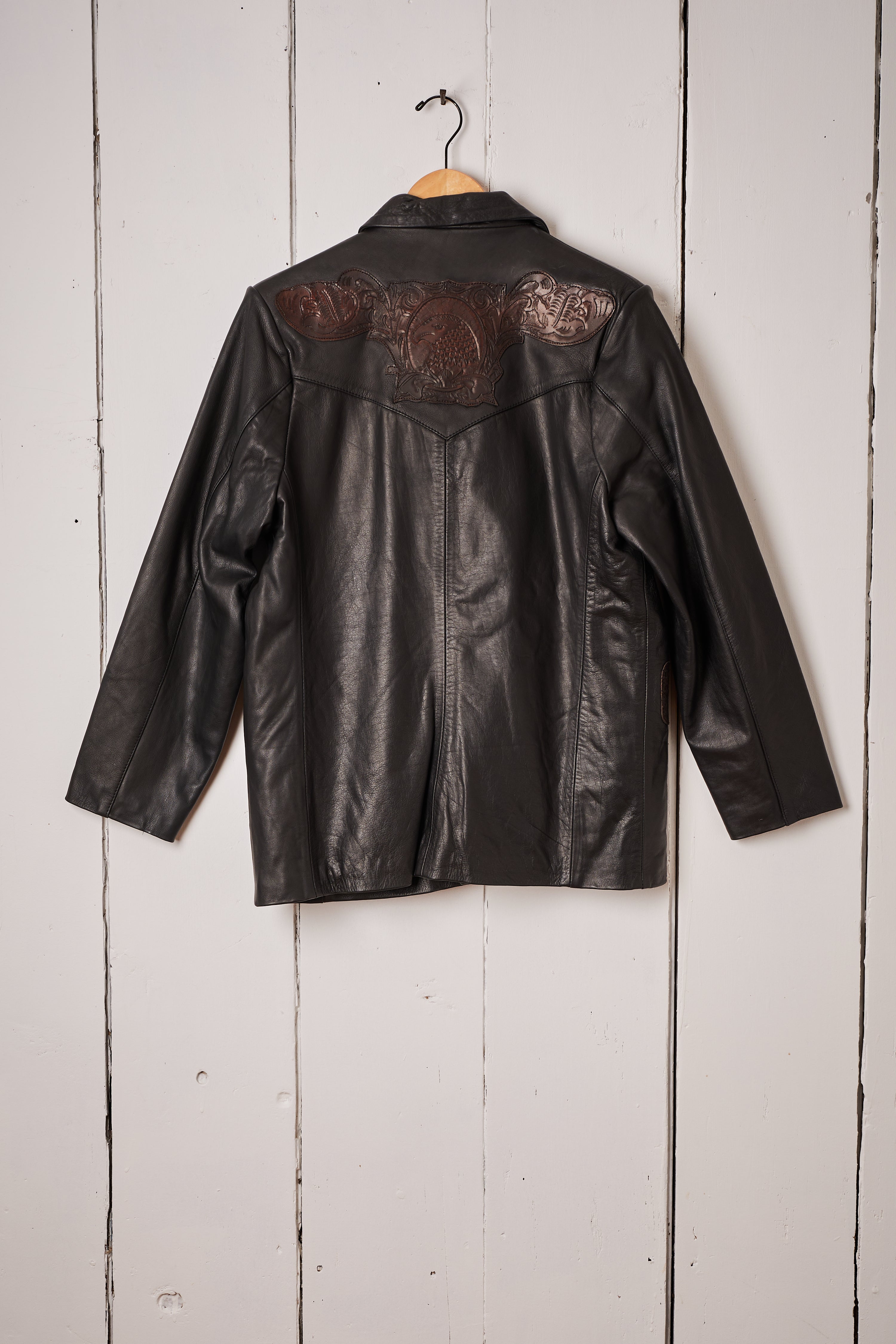MENS BLACK LEATHER CARVED EAGLE JACKET