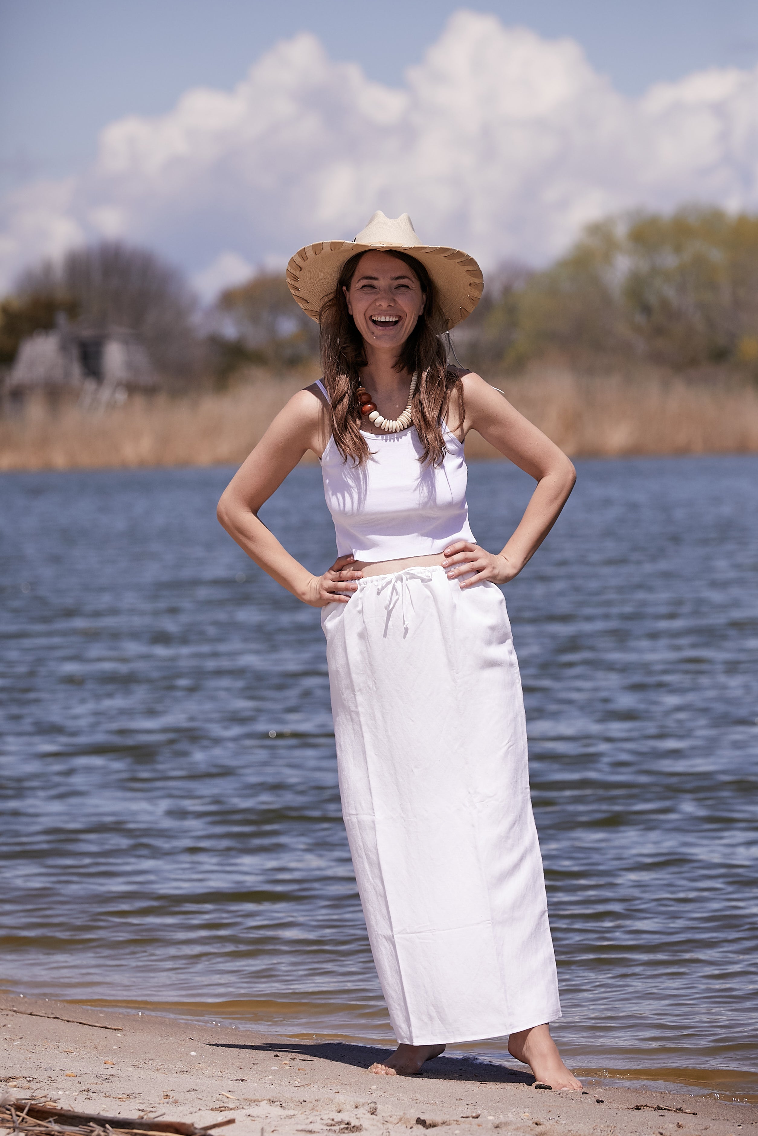 WHITE LINEN LONG DRAWSTRING SKIRT
