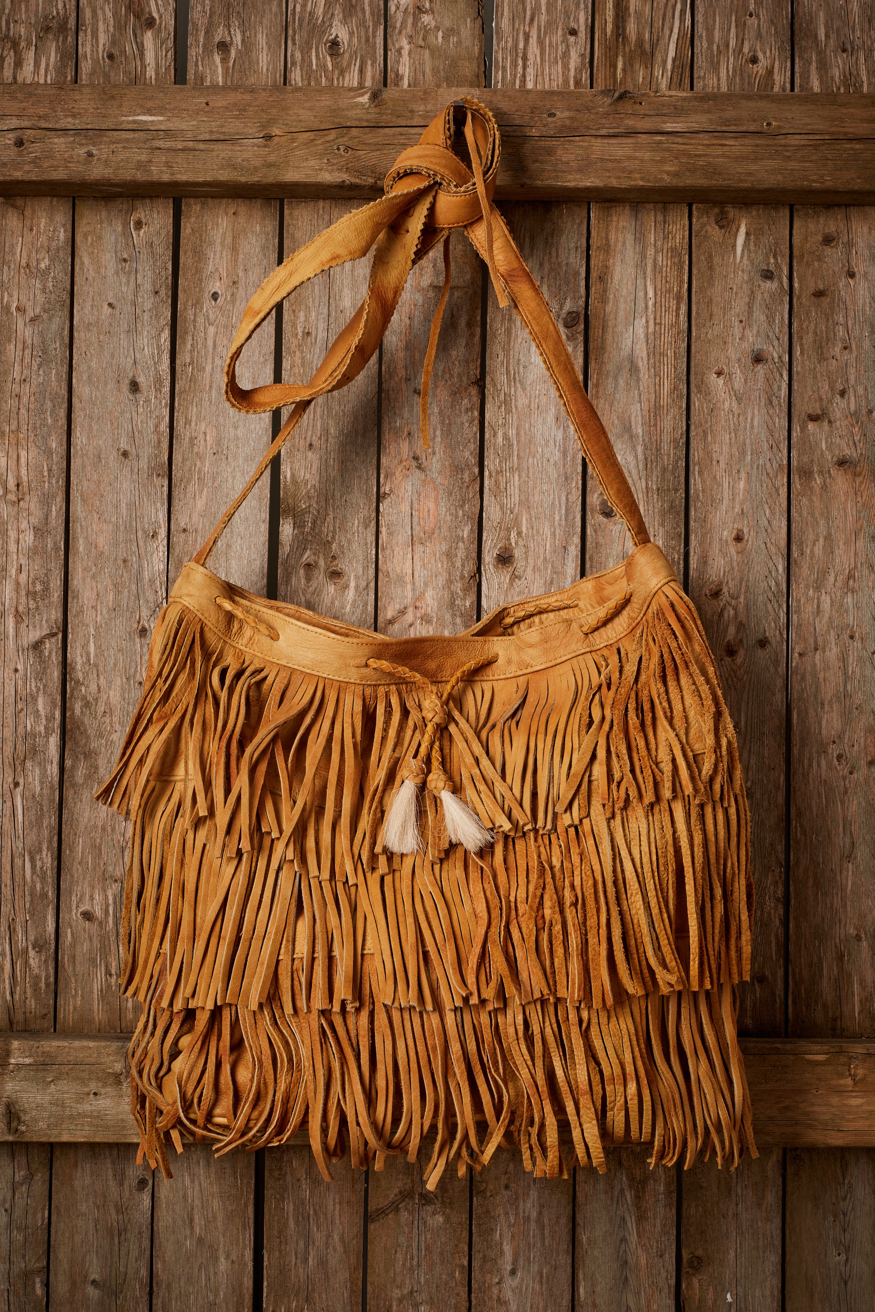 WESTERN LIGHT TAN LEATHER DOUBLE FRINGE BAG