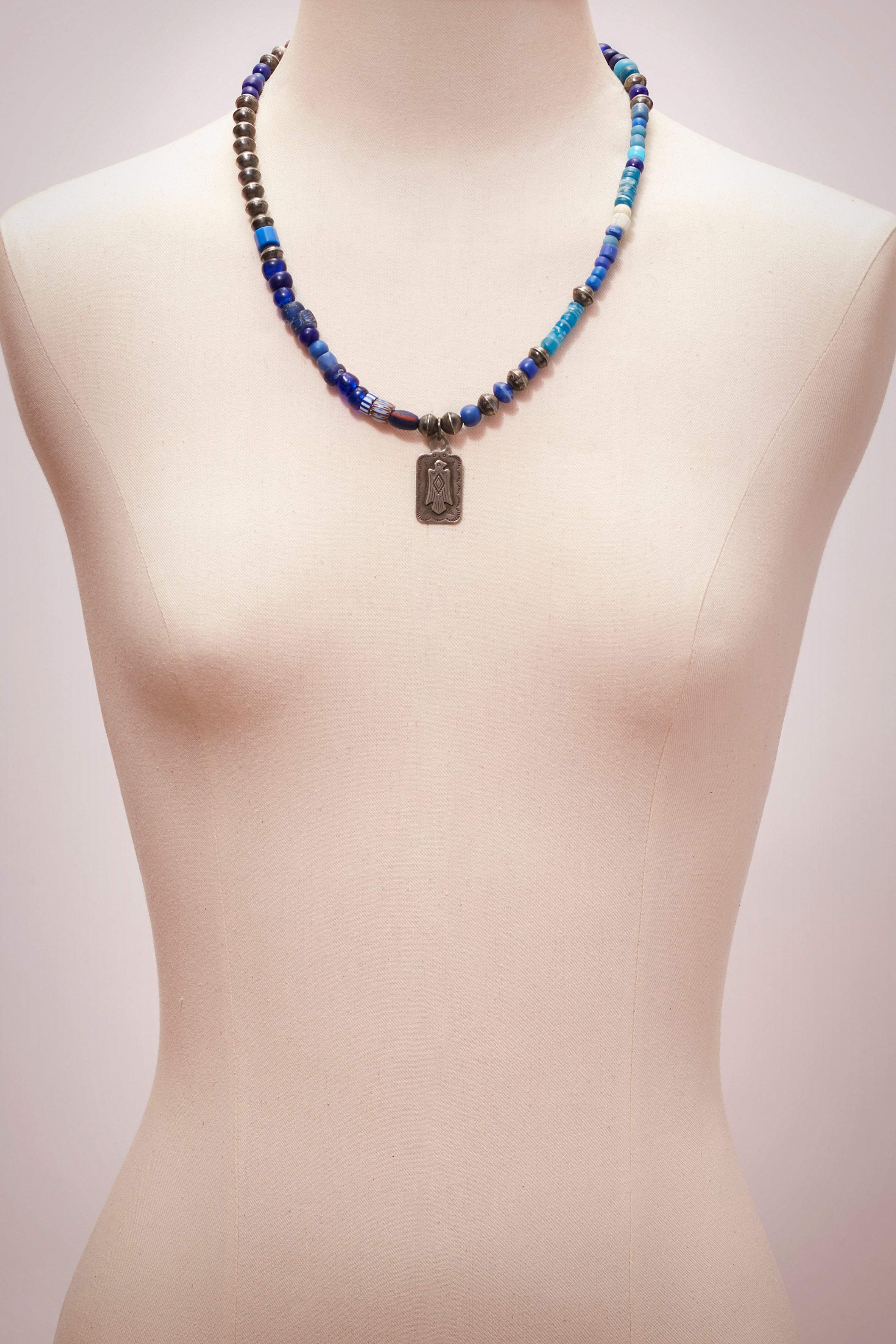 OXIDIZED STERLING SILVER AND BLUE NECKLACE WITH VINTAGE THUNDERBIRD PENDANT