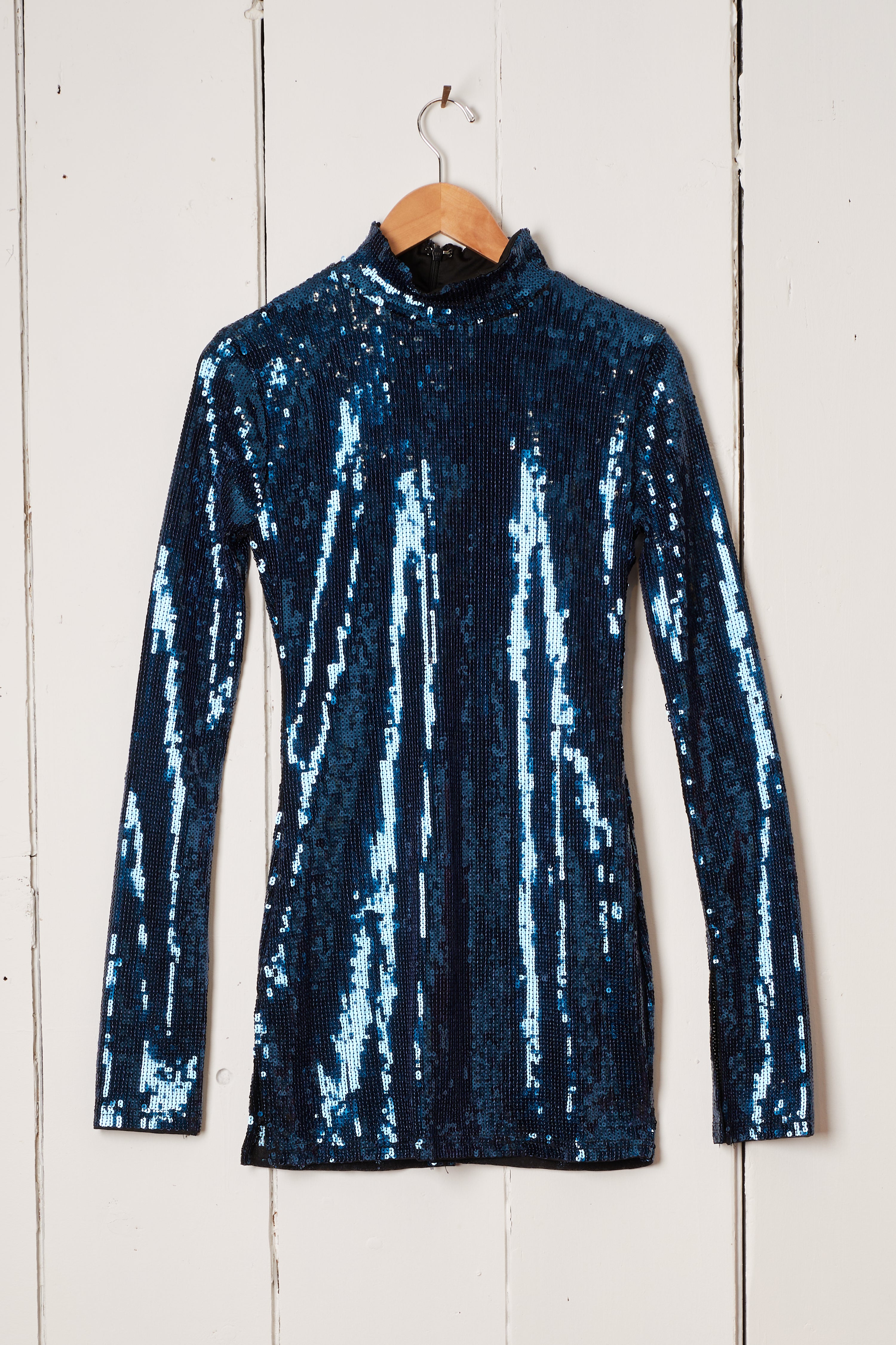BLUE SEQUIN TURTLE NECK MINI DRESS