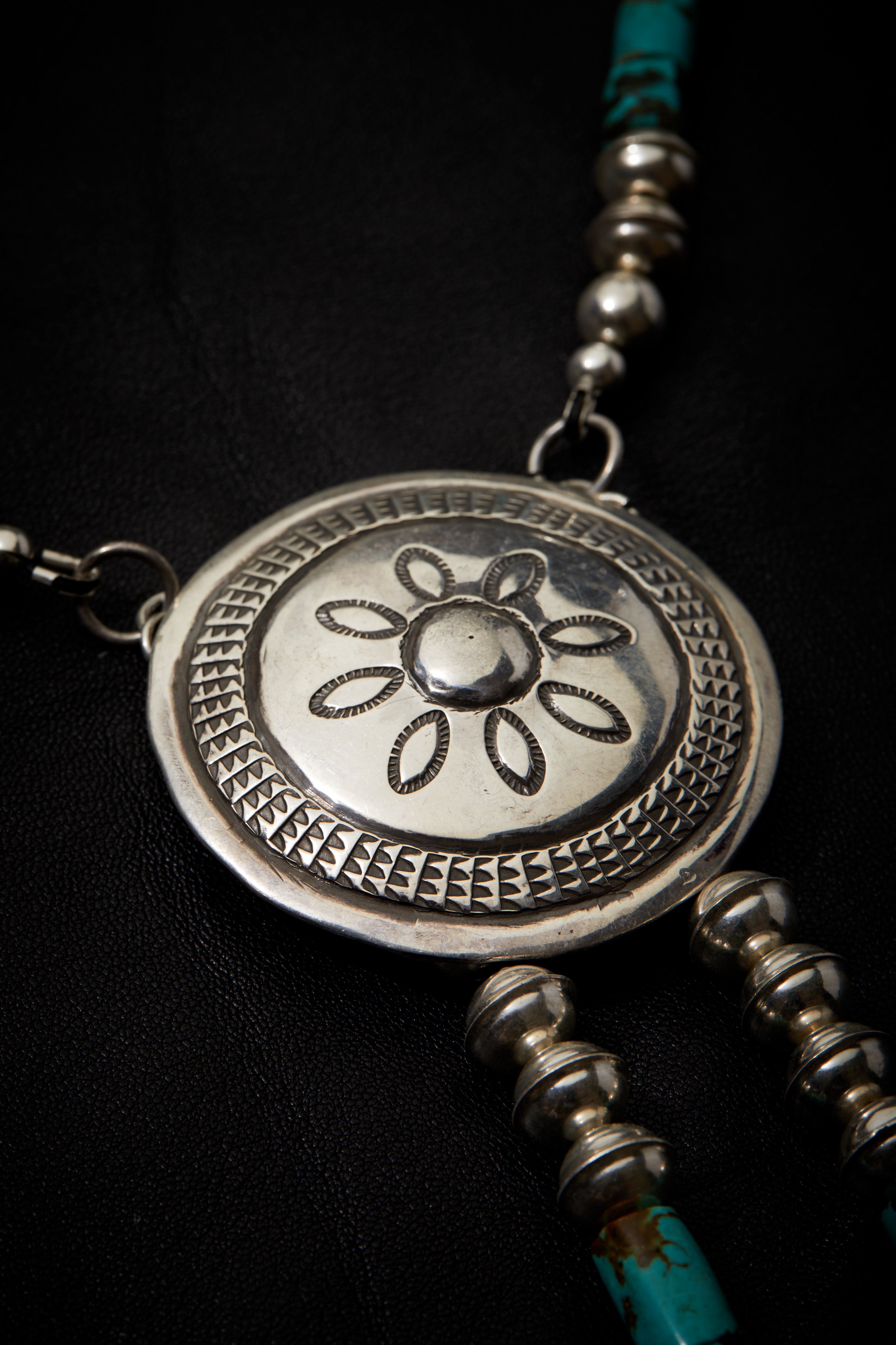 TURQUOISE AND STERLING SILVER CONCHO BOLO STYLE NECKLACE