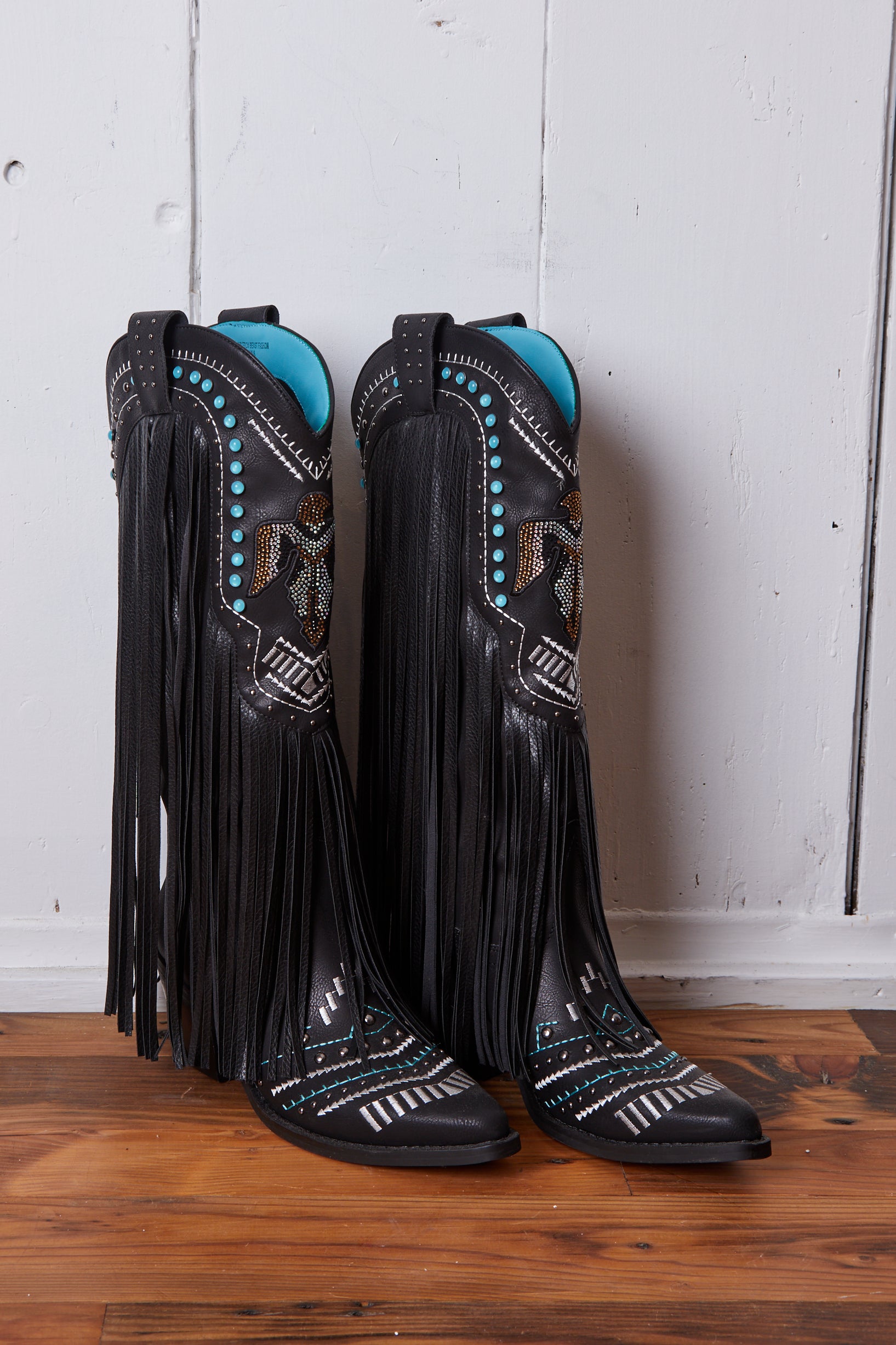 BLACK AND RHINESTONE THUNDERBIRD FRINGE COWBOY BOOTS