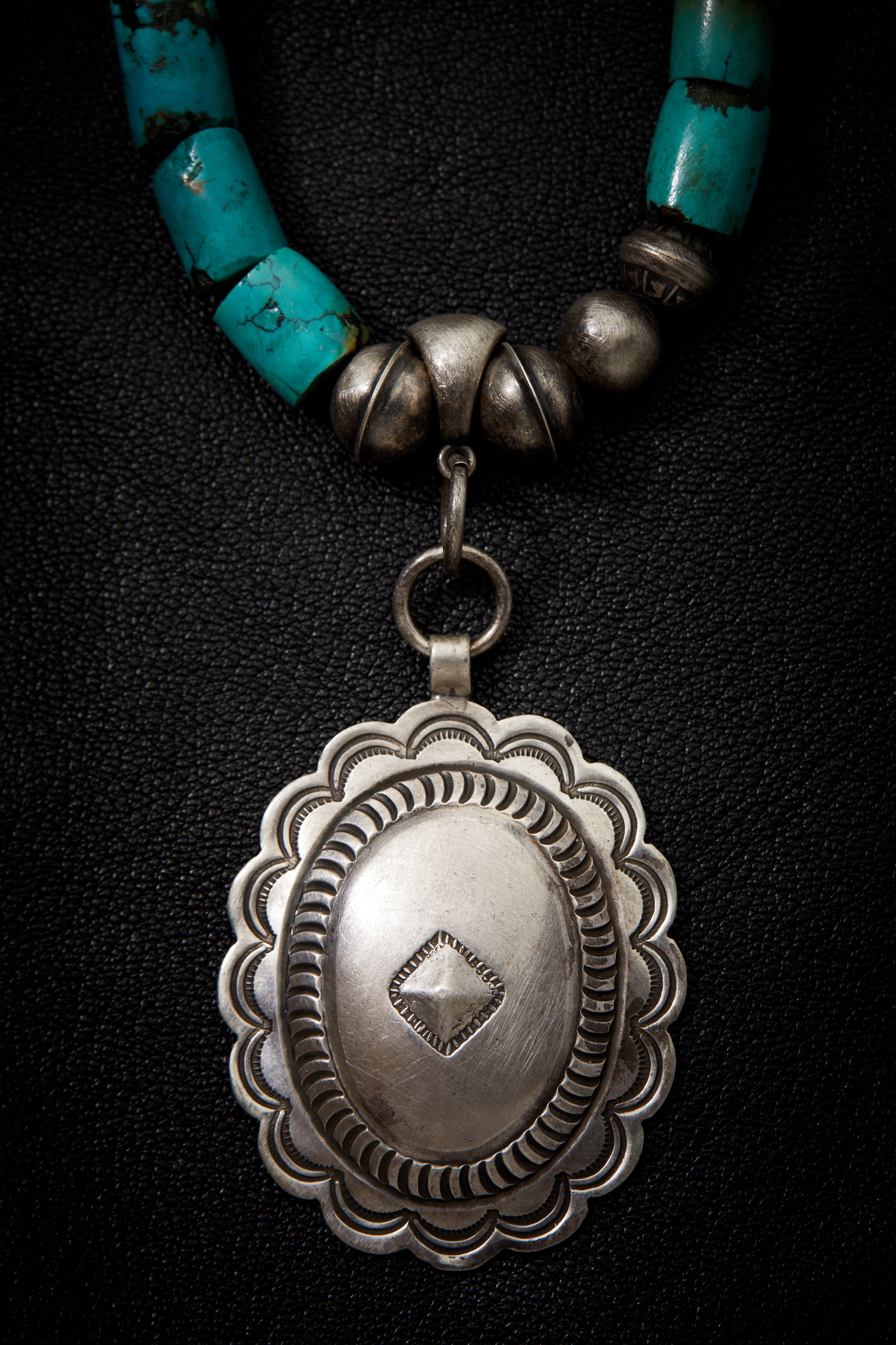 SWEET TURQUOISE AND STERLING SILVER CONCHO NECKLACE