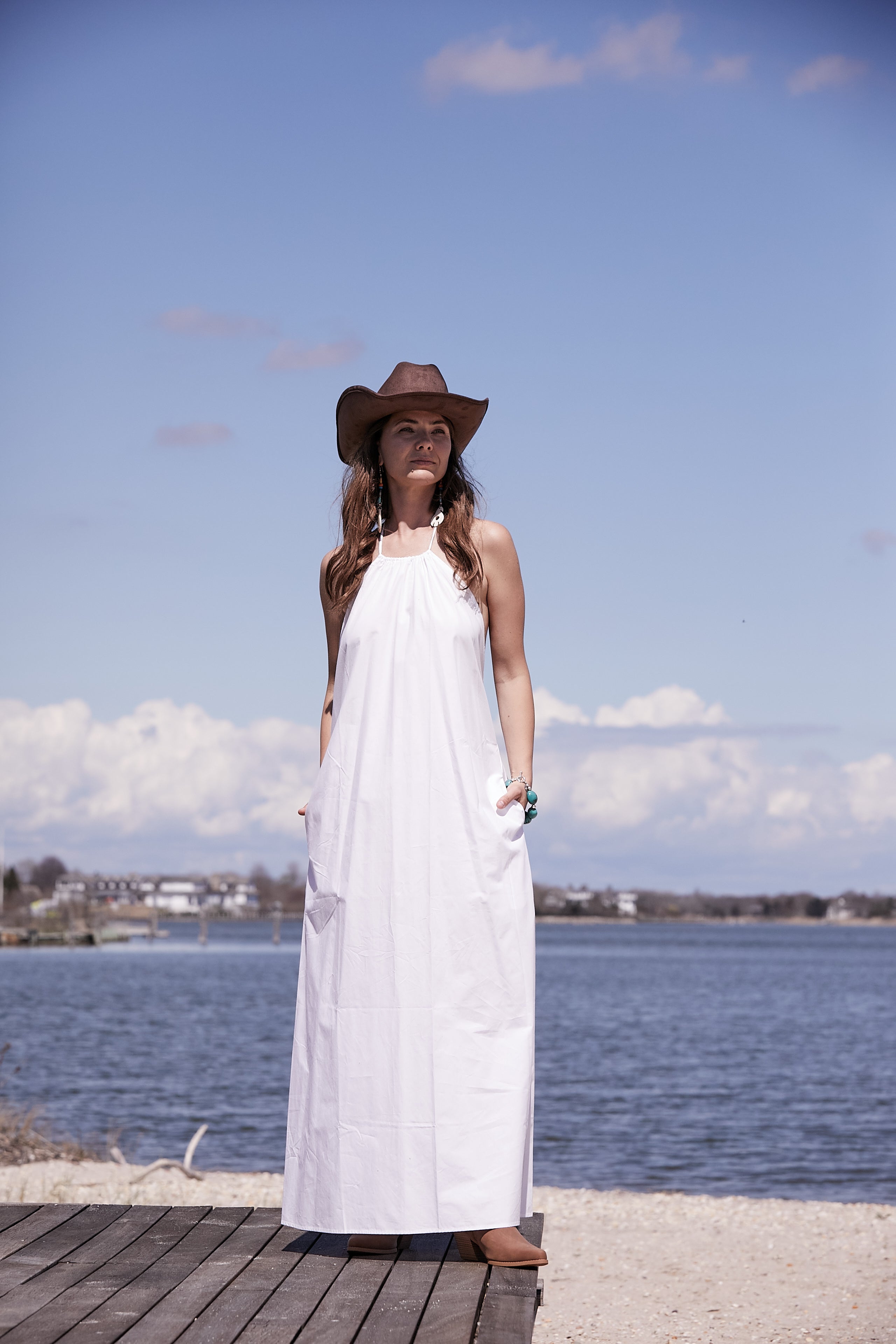WHITE LONG HALTER DRESS