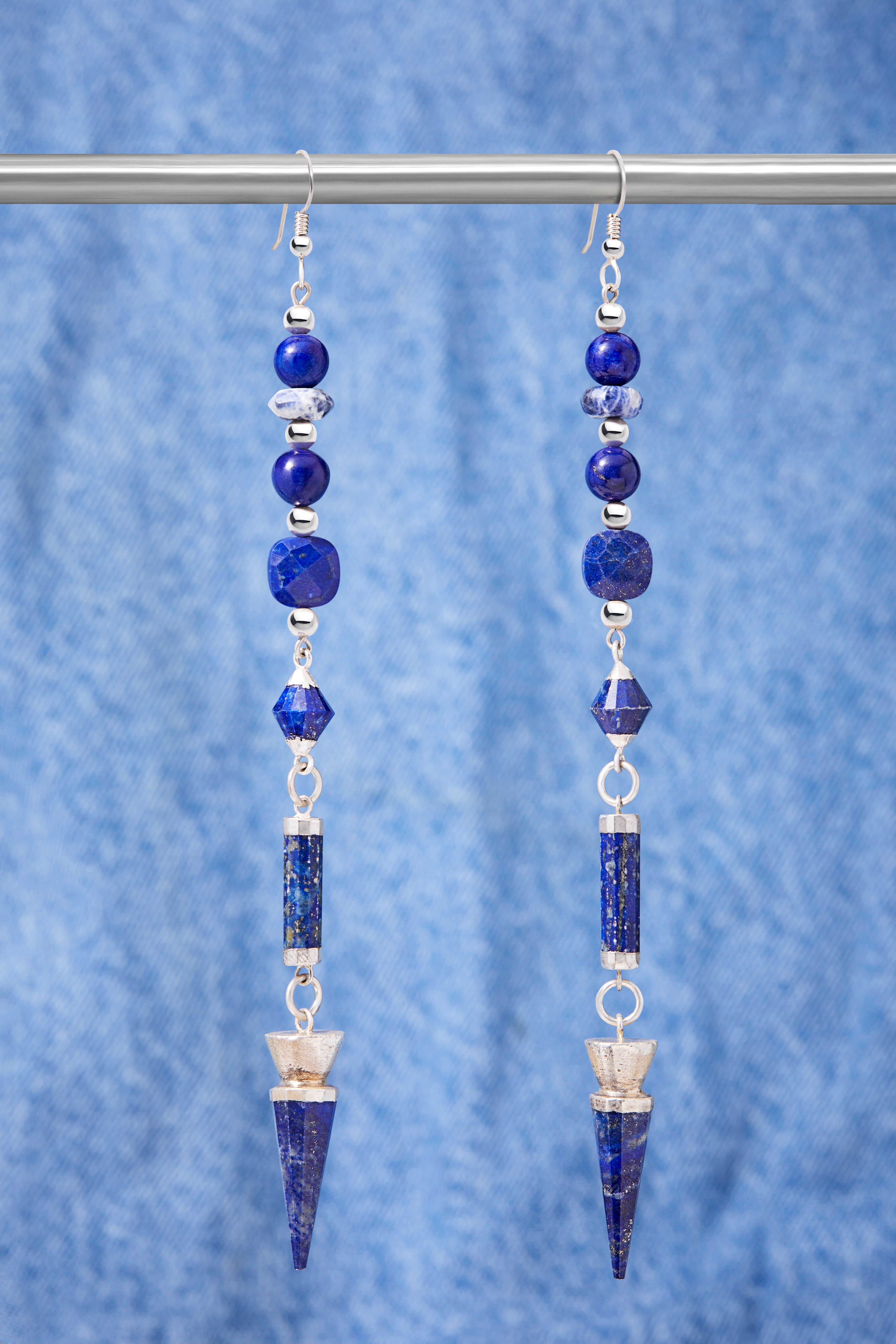 LONG LAPIS AND STERLING SILVER POINT DROP EARRINGS