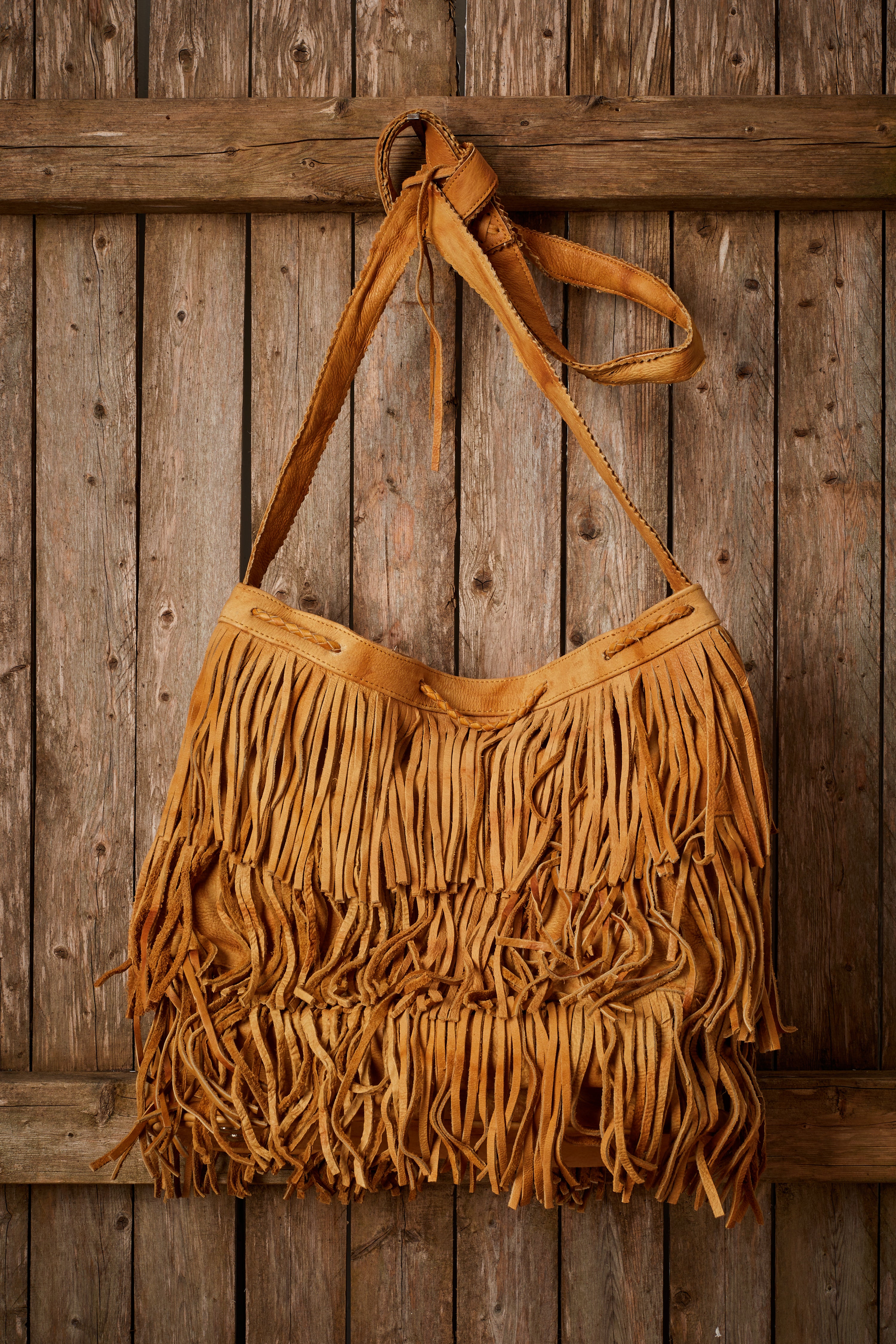 WESTERN LIGHT TAN LEATHER DOUBLE FRINGE BAG