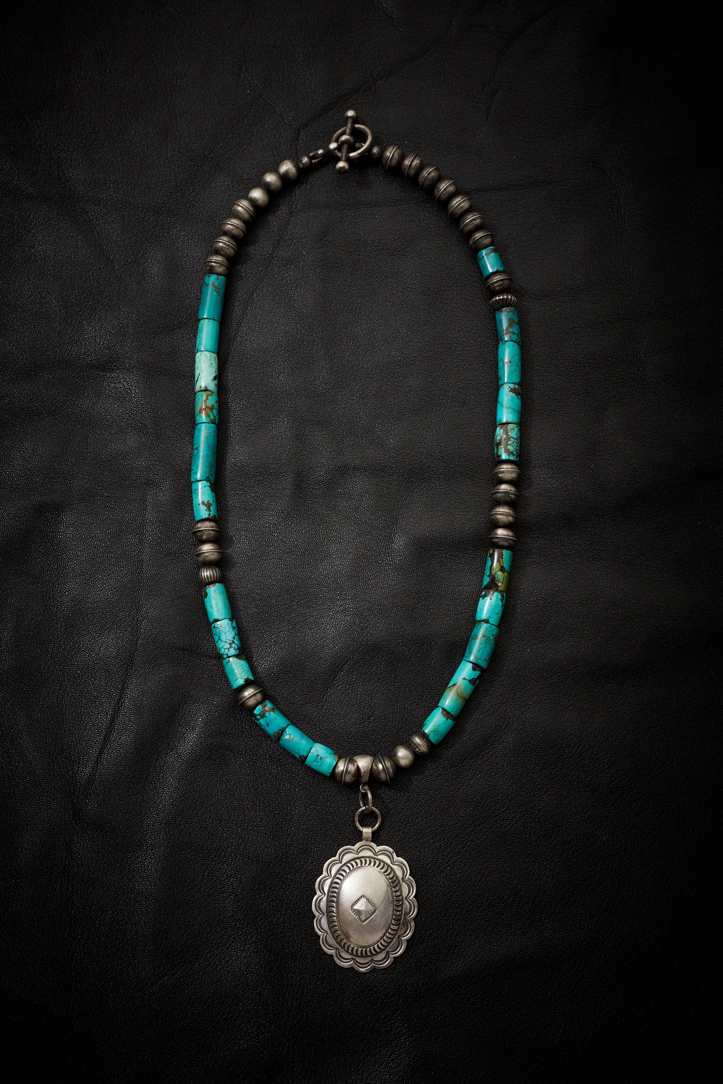 SWEET TURQUOISE AND STERLING SILVER CONCHO NECKLACE