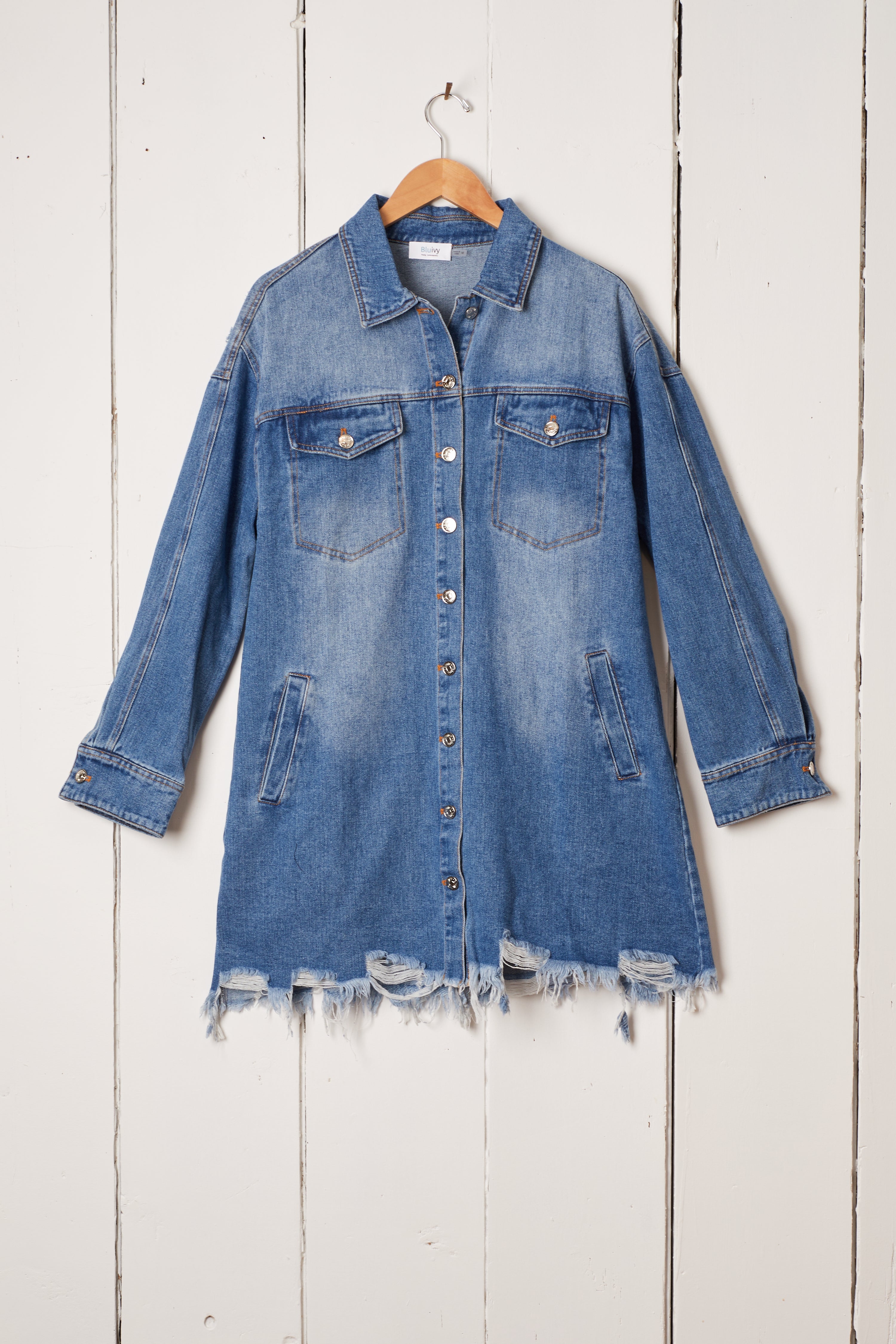 DISTRESSED DENIM LONG SHIRT