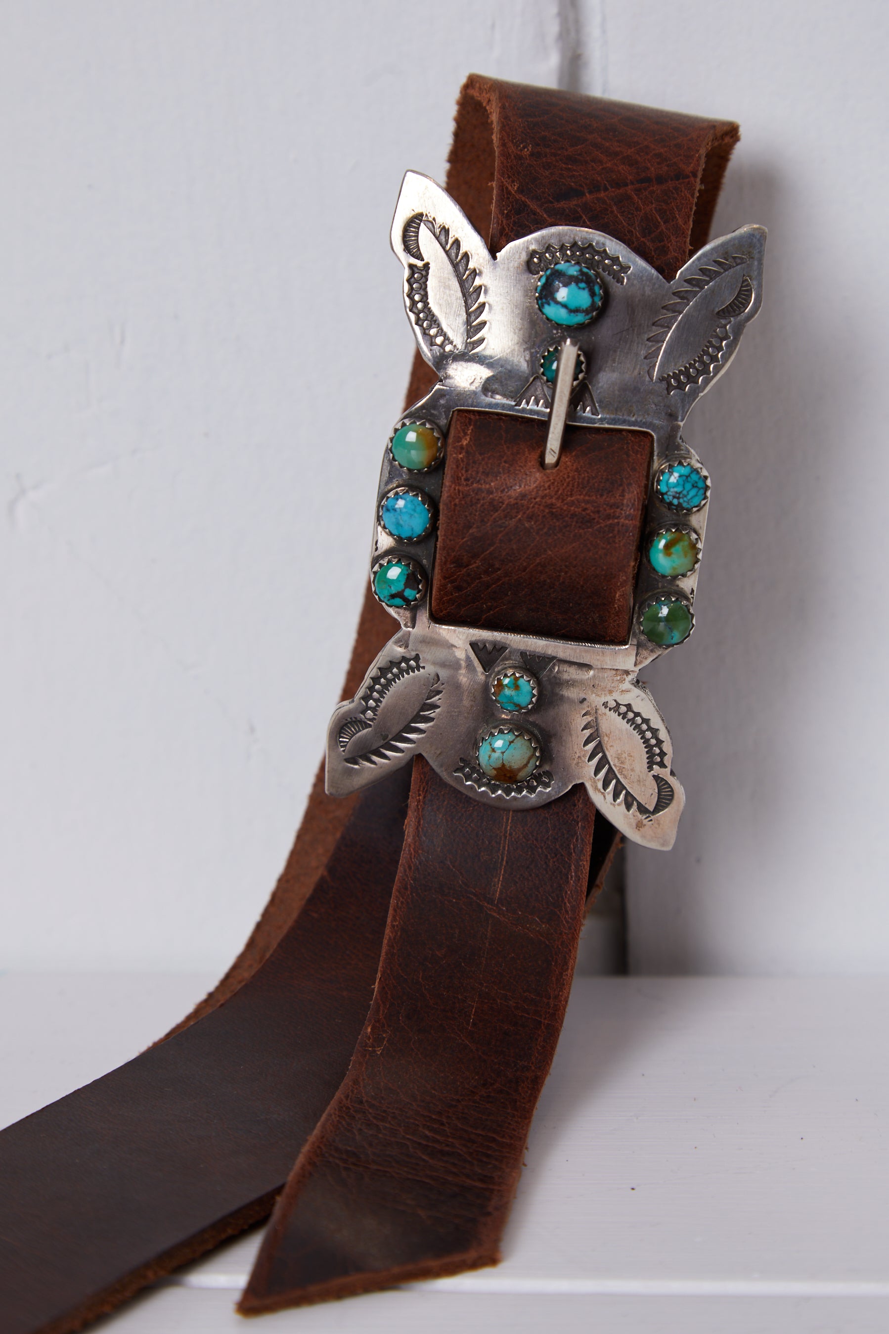HAND MADE BROWN LEATHER BELT WITH STERLING SILVER AND TURQUOISE BUTTERFLY CONCHOBUCKLE