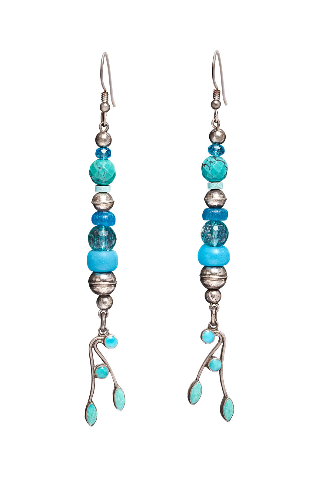 LAYERED BLUE WITH VINTAGESTERLING SILVER AND TURQUOISE VINE EARRINGS