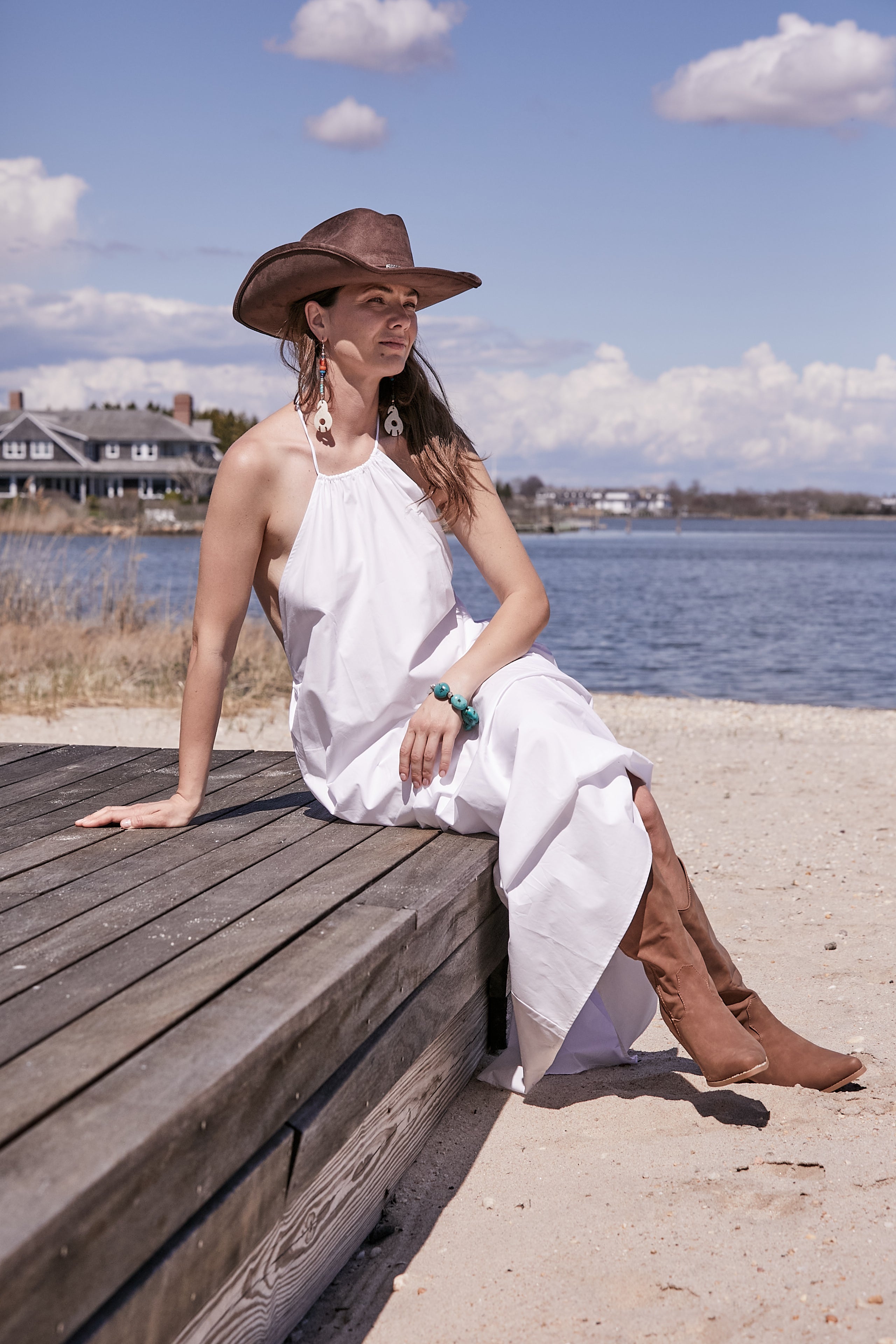 WHITE LONG HALTER DRESS