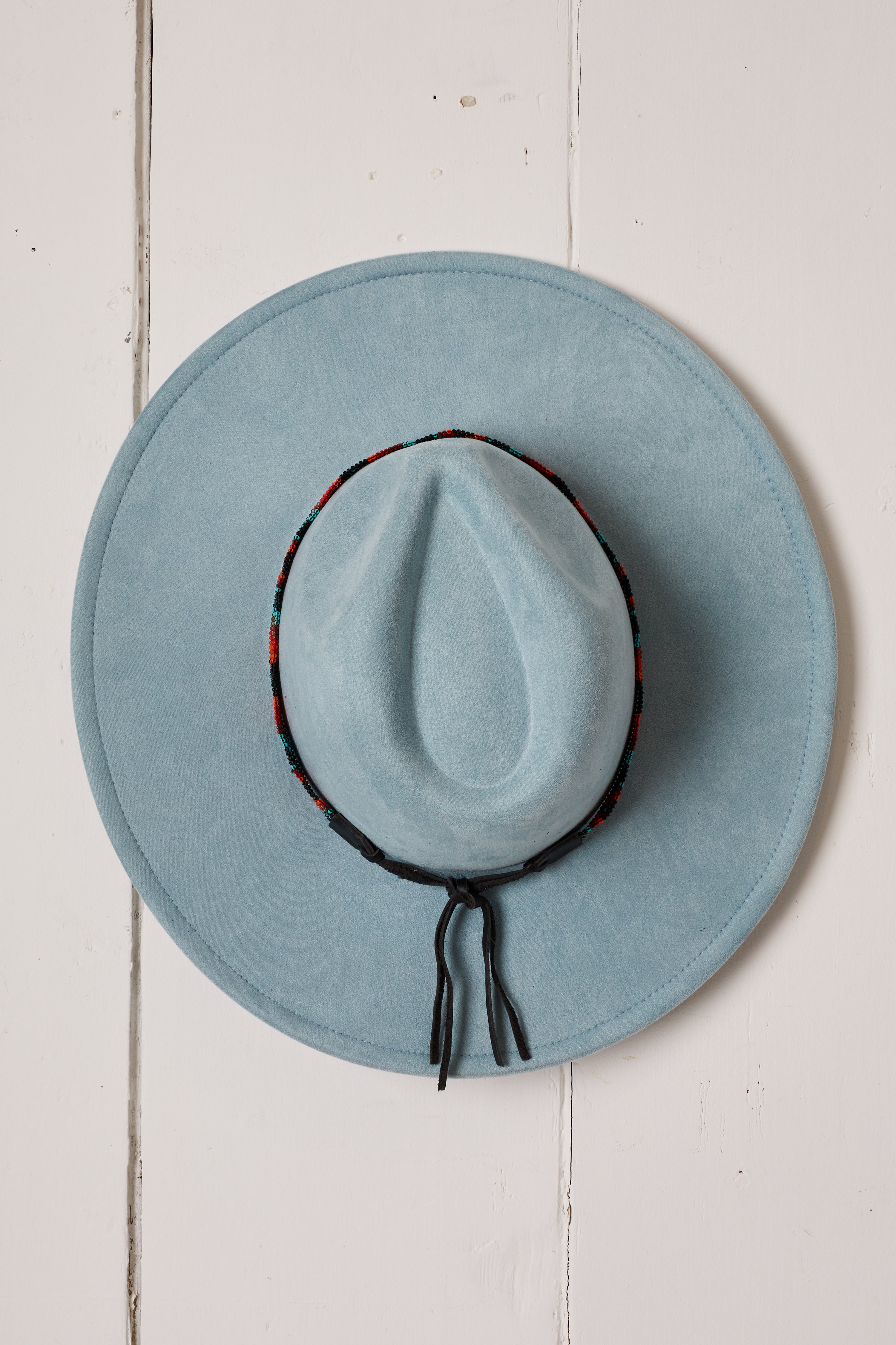 LIGHT BLUE VEGAN SUEDE BRIGHT BEADED COWBOY HAT
