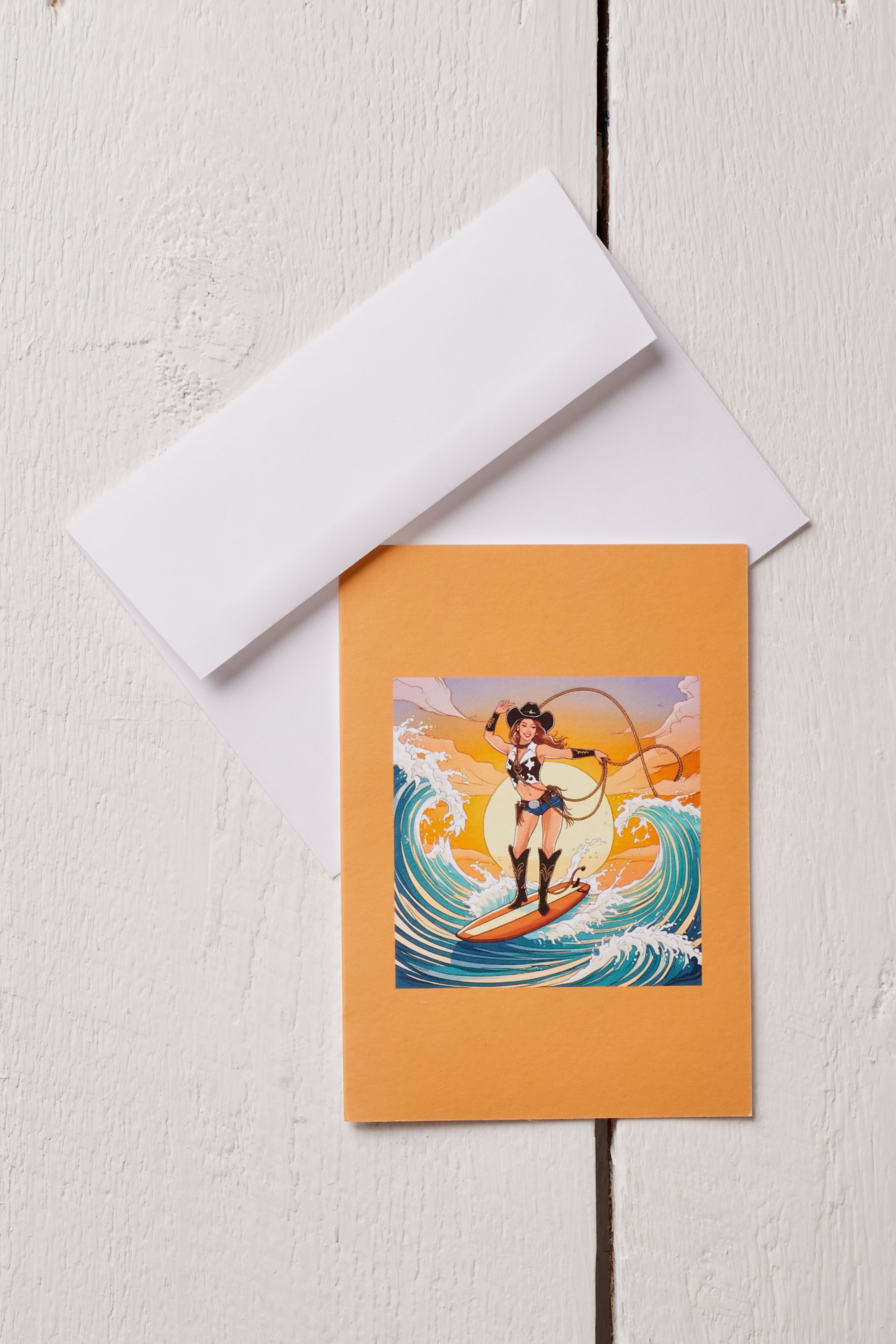 COWGIRL LASSOING ON SURF GREETING CARD