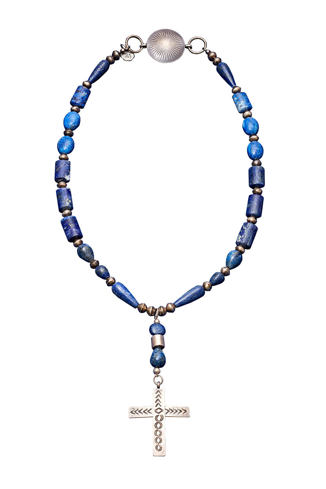 LAPIS AND VINTAGE STERLING SILVER SOUTHWESTERN CROSS NECKLACE
