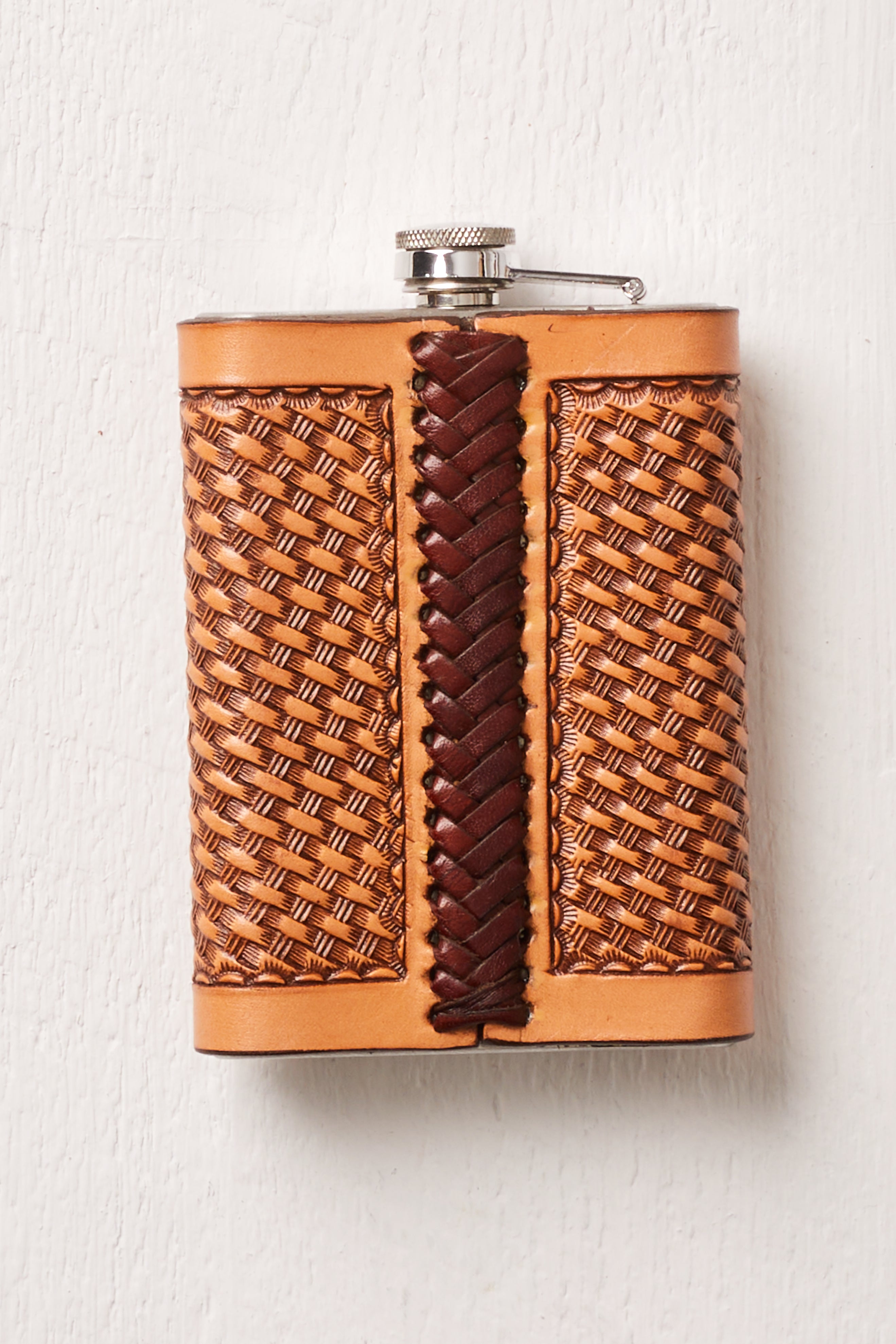 TAN LEATHER BASKET WEAVE FLASK