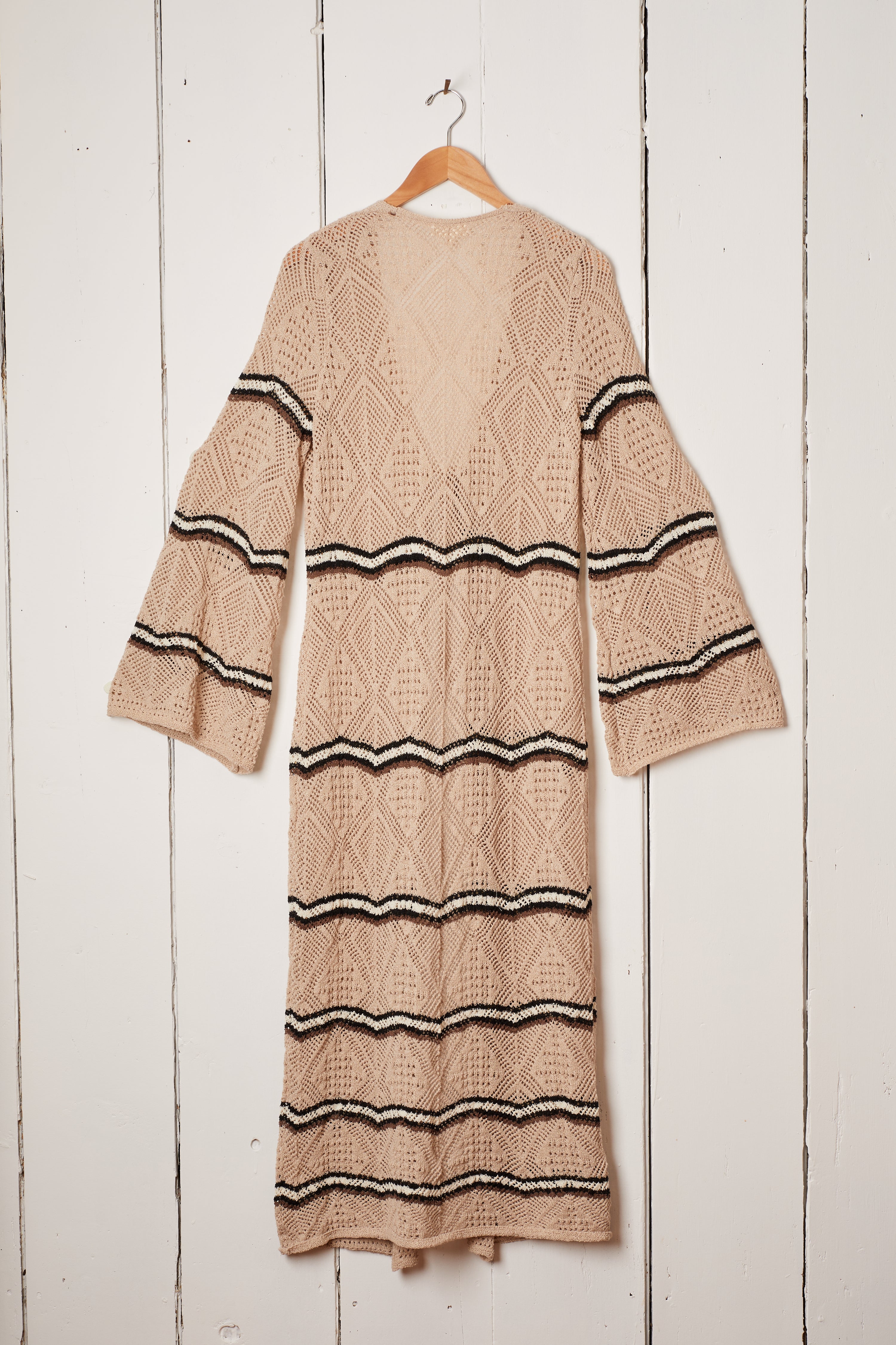 STRIPED CROCHET KNIT DUSTER - OATMEAL