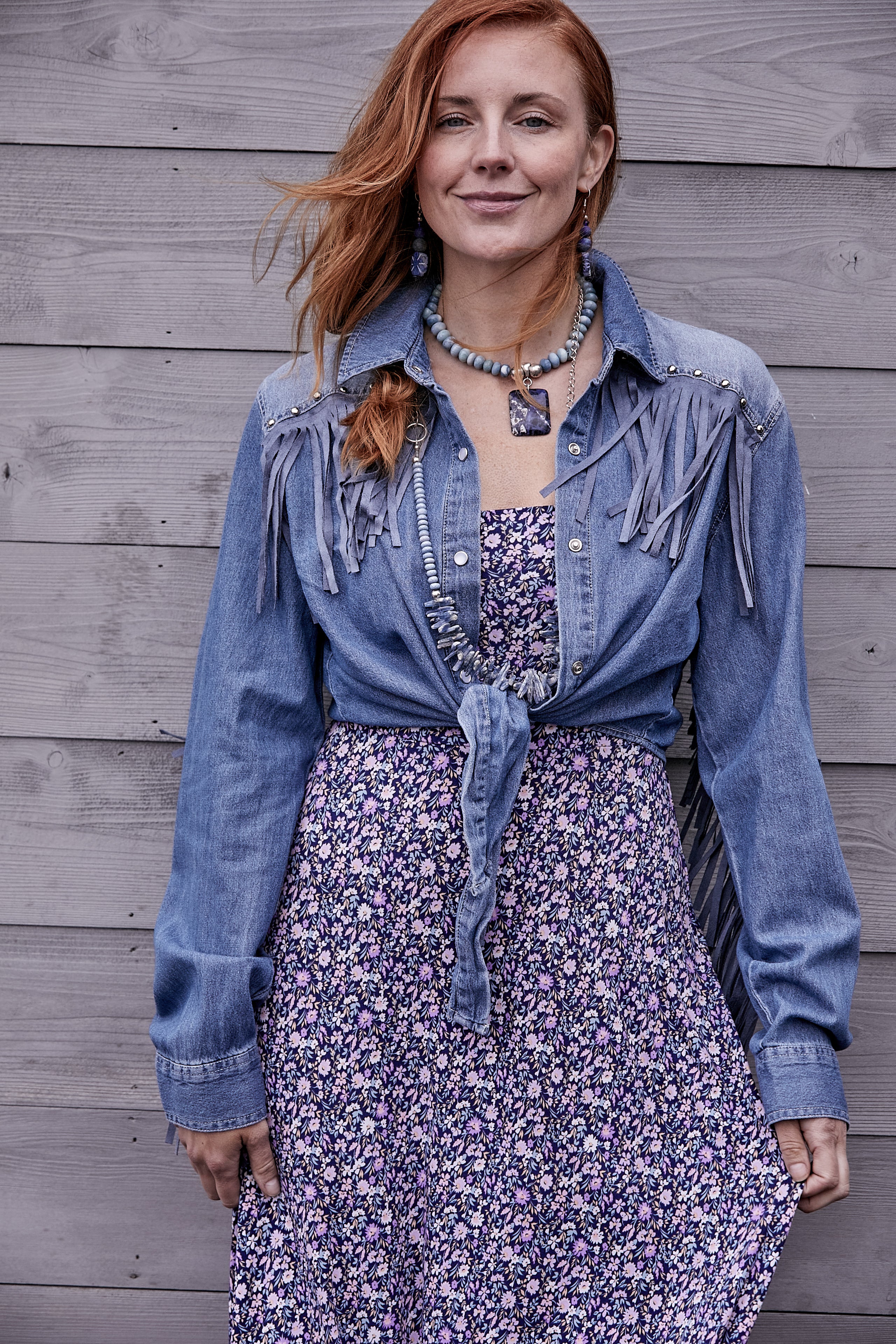 DENIM STUDDED FRINGE WESTERN SHIRT