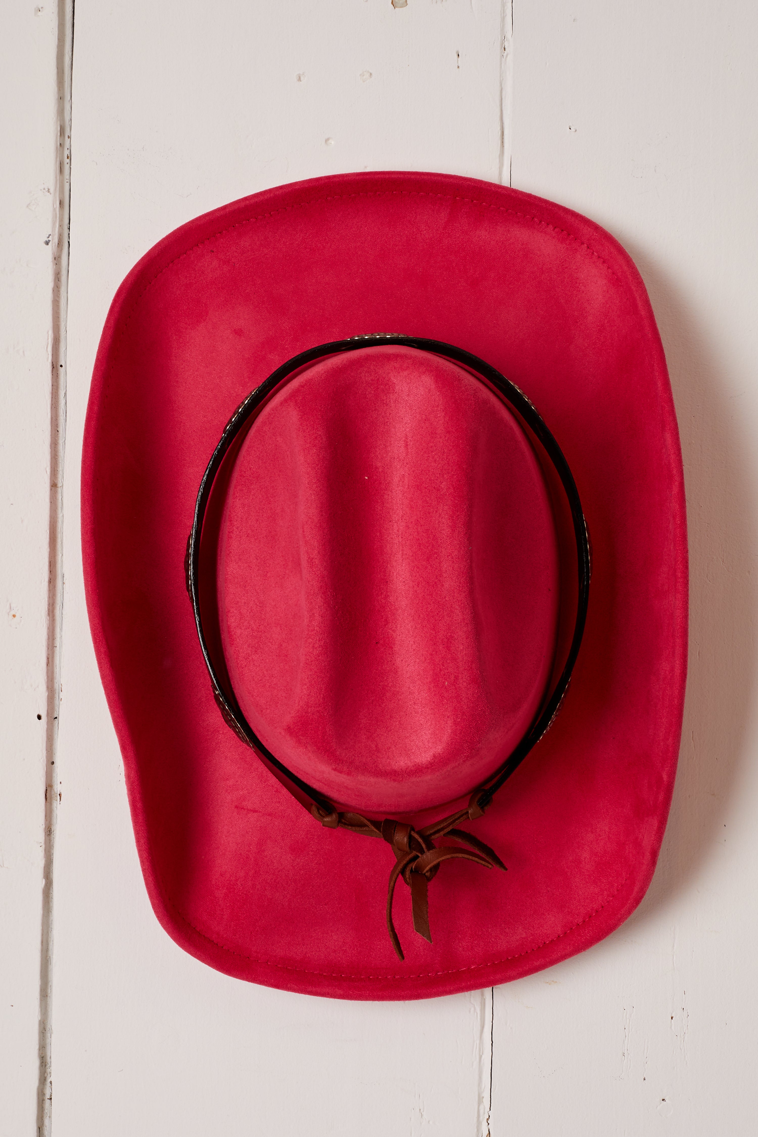 HOT PINK SUEDE AND BROWN LEATHER WIDE CONCO COWBOY HAT