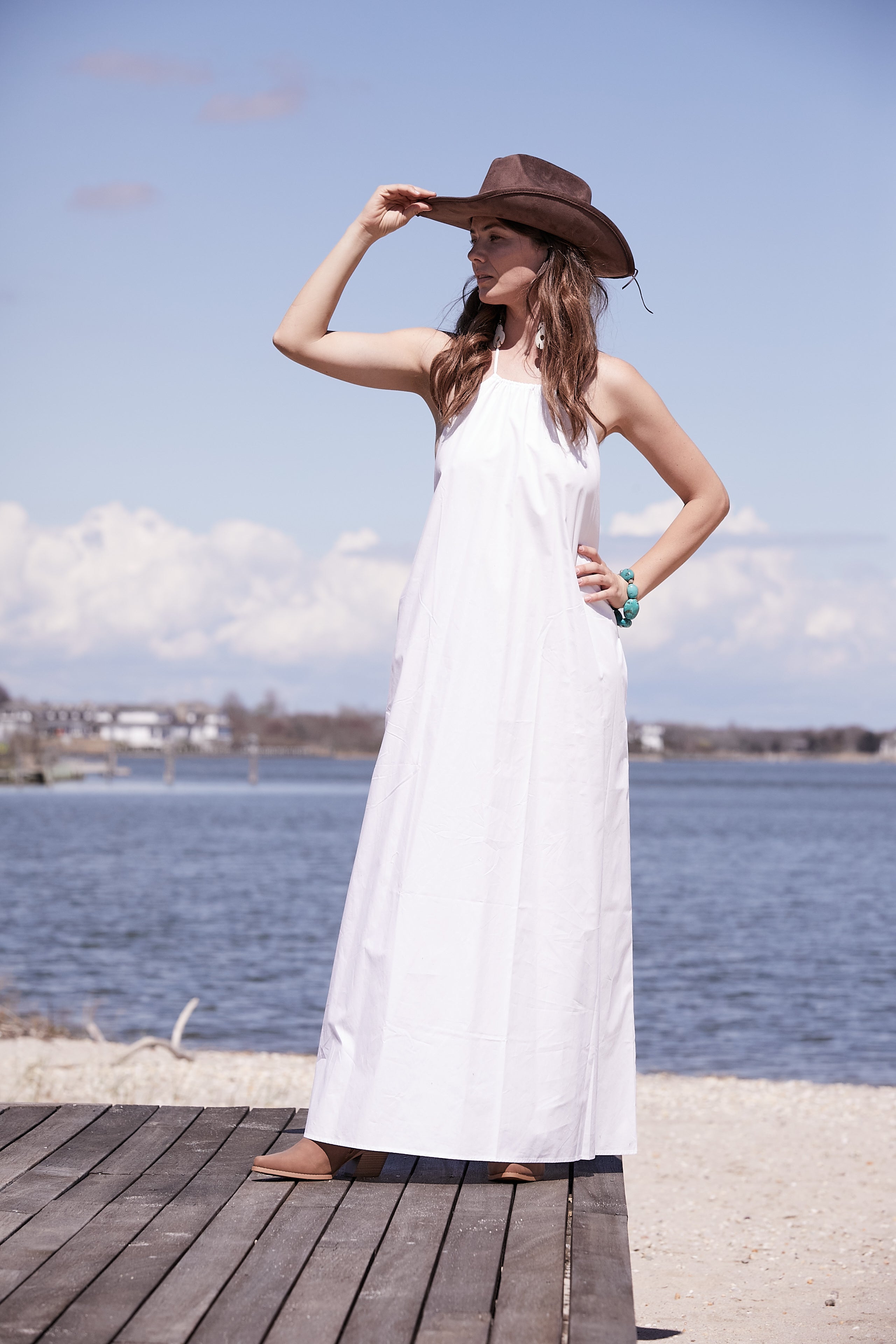 WHITE LONG HALTER DRESS