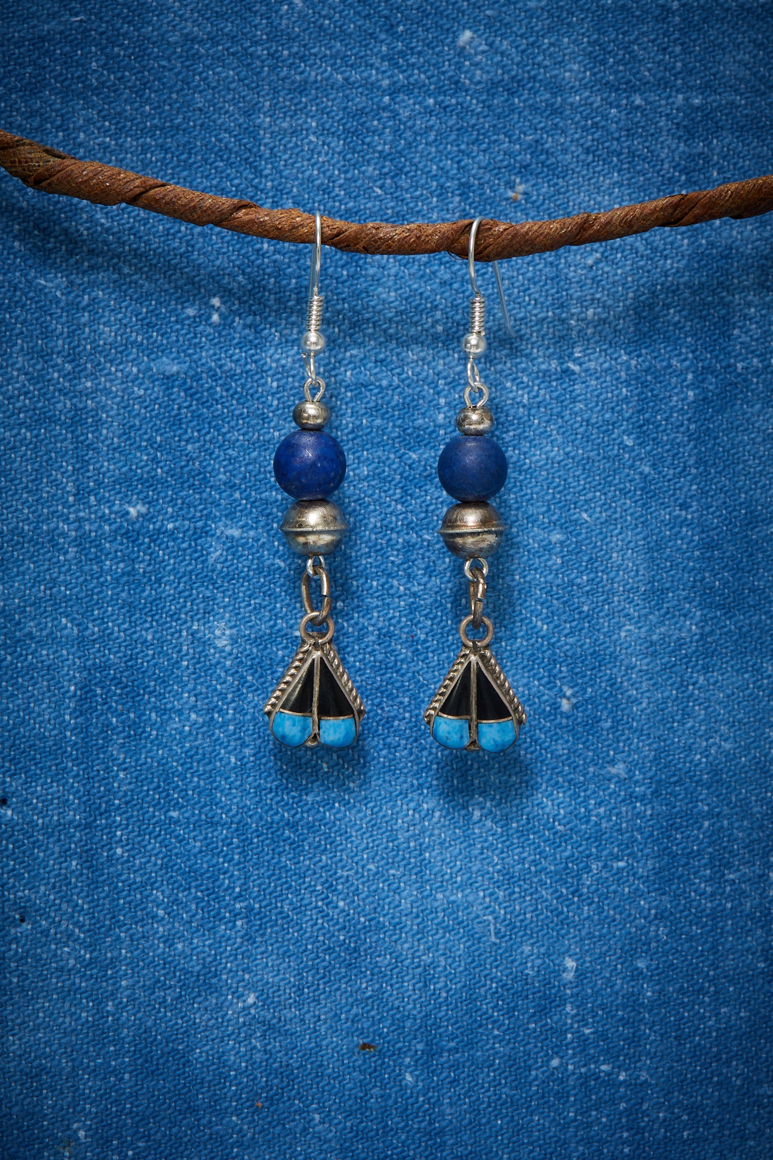LAPIS AND VINTAGE STERLING SILVER INLAY DROP EARRINGS