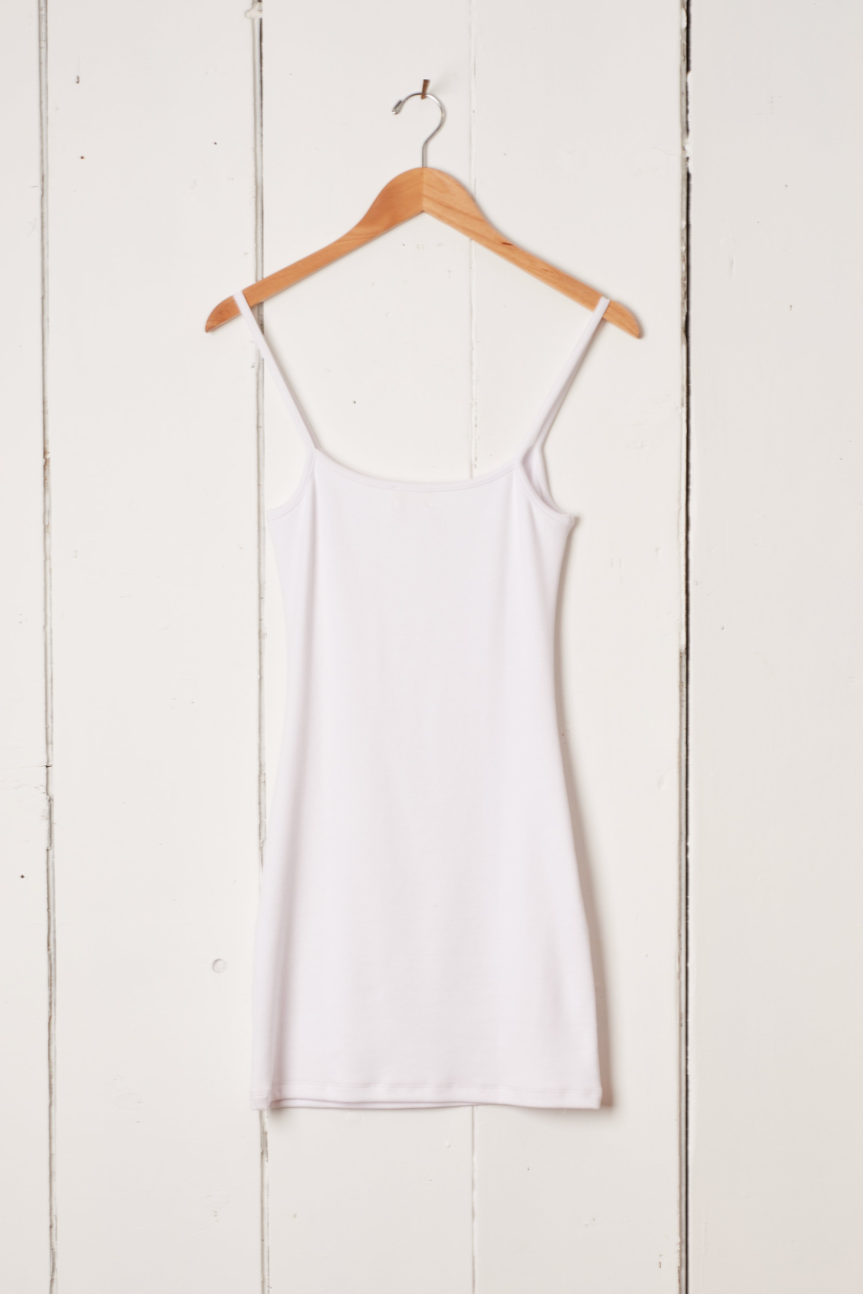 WHITE RIB SPAGHETTI STRAP MINI DRESS