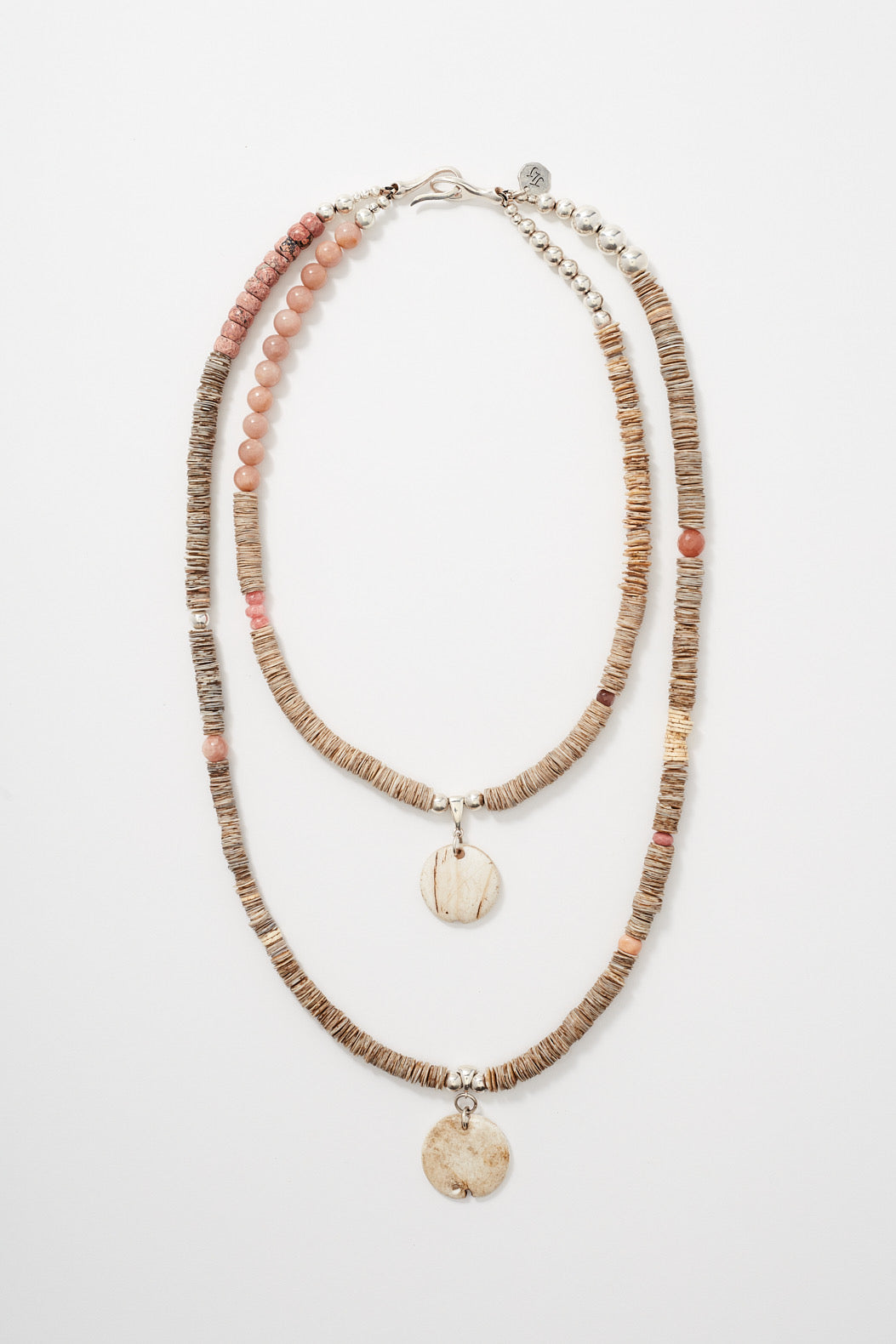 PINK MOONSTONE AND RHODOCHROSITE DOUBLE STRAND NECKLACE WITH NAGA SHELL PENDANTS